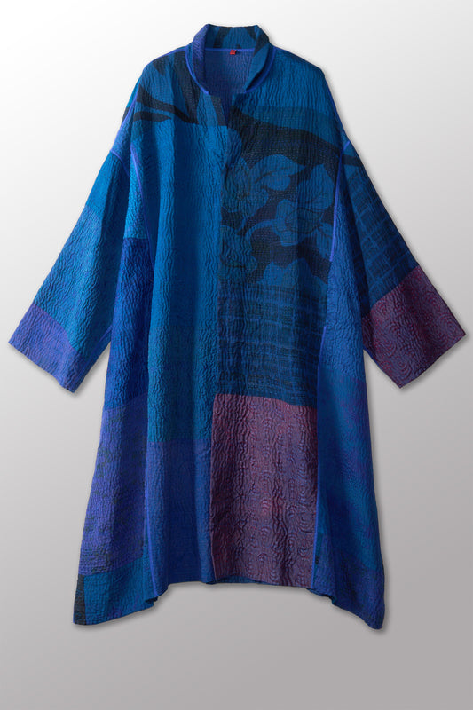 GEORGETTE JACQUARD VINTAGE SILK PATCH KANTHA NEW OVERSIZED COAT - gj4342-blu -