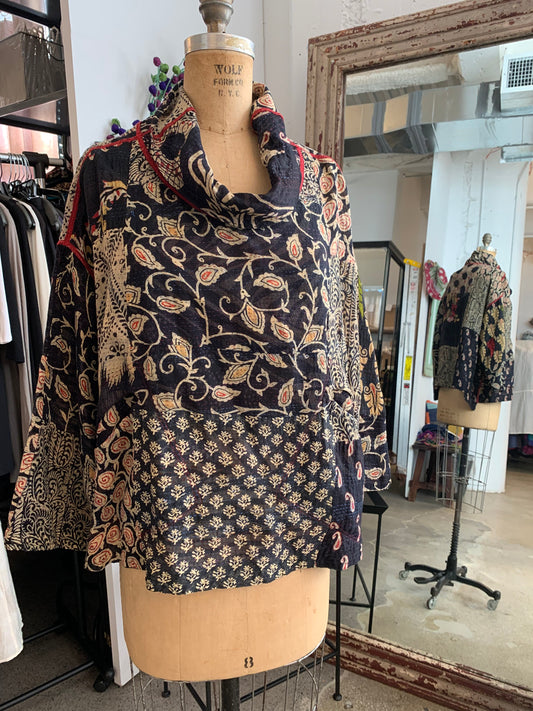 PATCHED PRINT KANTHA COWL PULLOVER - pp2547-blk -