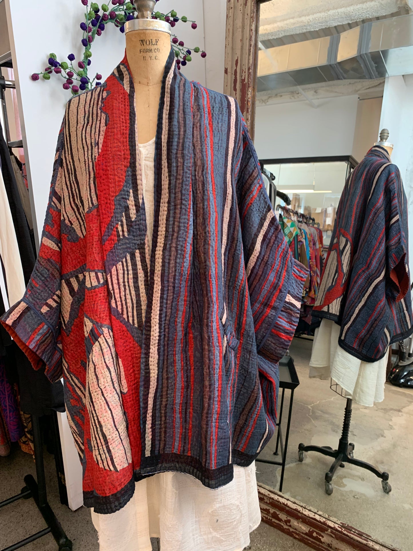 STRIPE AND BENDS KANTHA DOUBLE COLLAR PONCHO - sb4323-red -