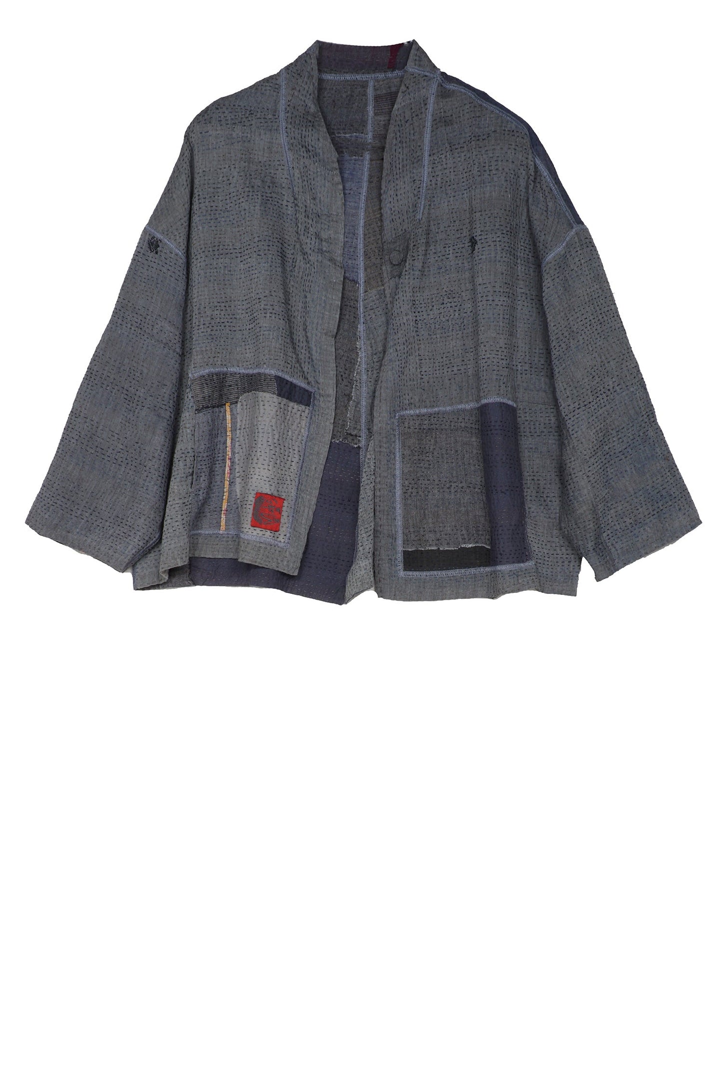 FRAYED PATCH KANTHA STAND COLLAR CROPPED JKT - fi2034-gry -