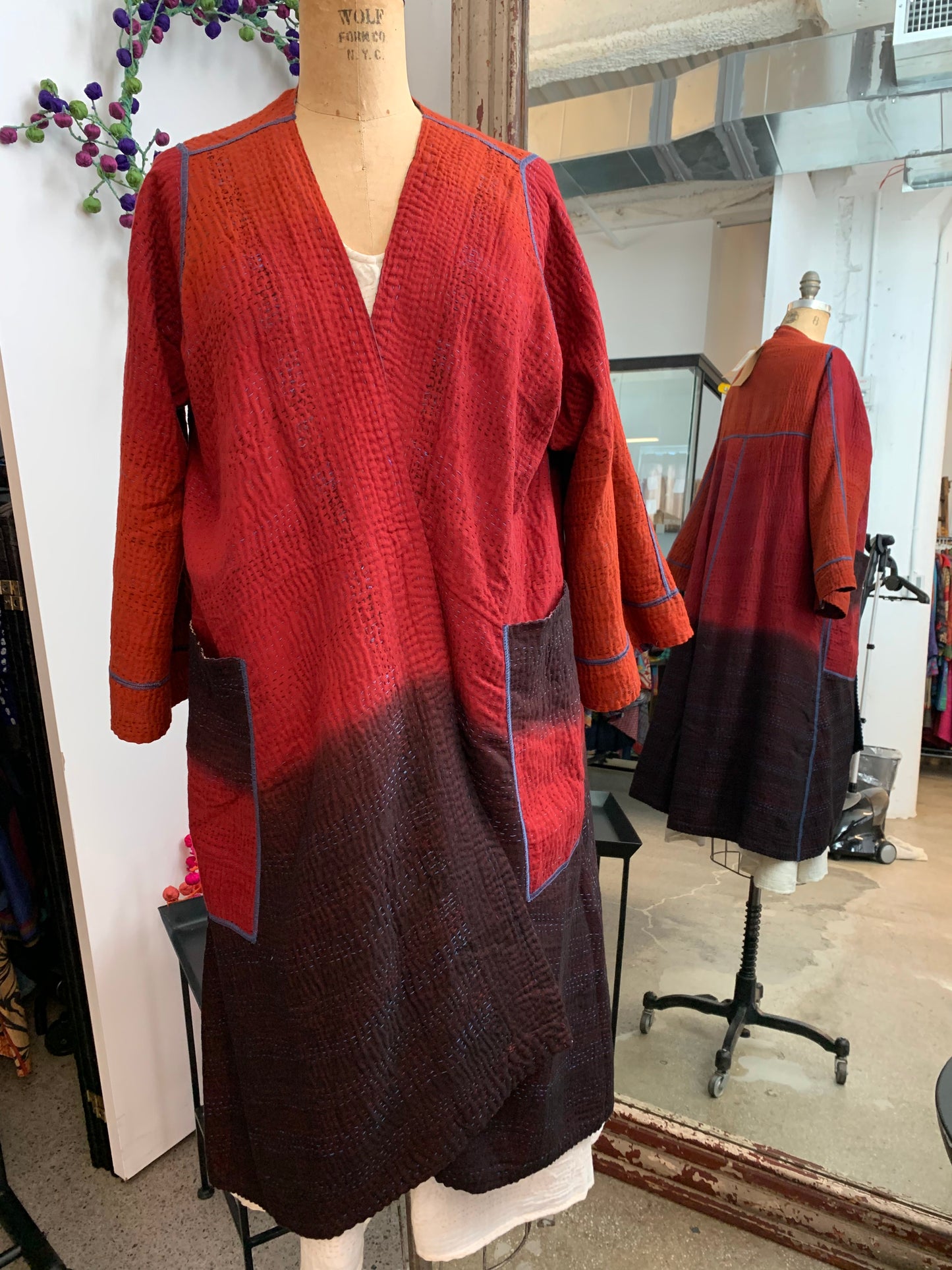 STRIPE AND BENDS KANTHA WRAP FLARE COAT - sb4330-red -