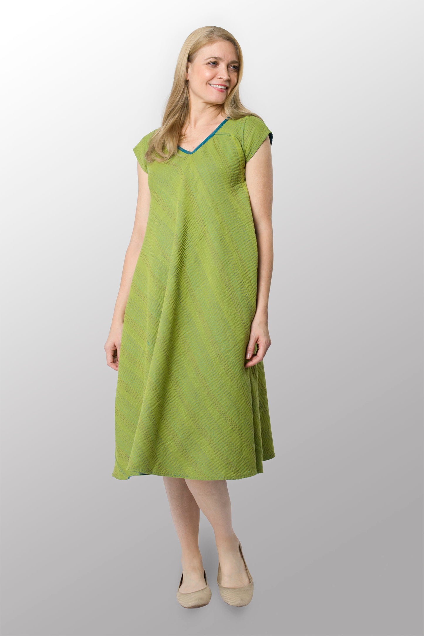 BLOOMING FLOWERS KANTHA CAP SLV. FLARE DRESS - bf4425-blu -