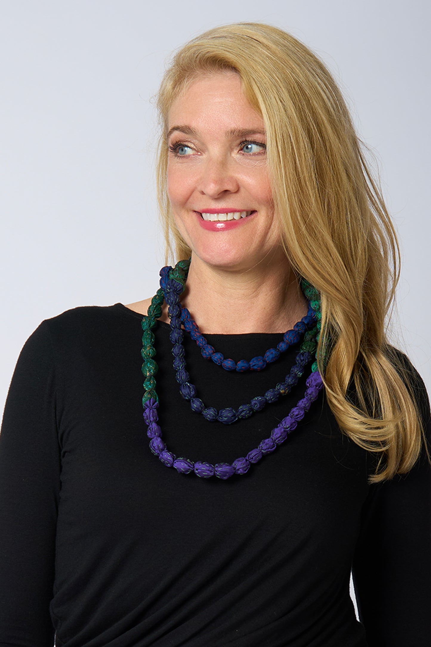 MONE SHIBORI TIE DYE KANTHA TIE-BEADS LONG NECKLACE - ms2707-tel -
