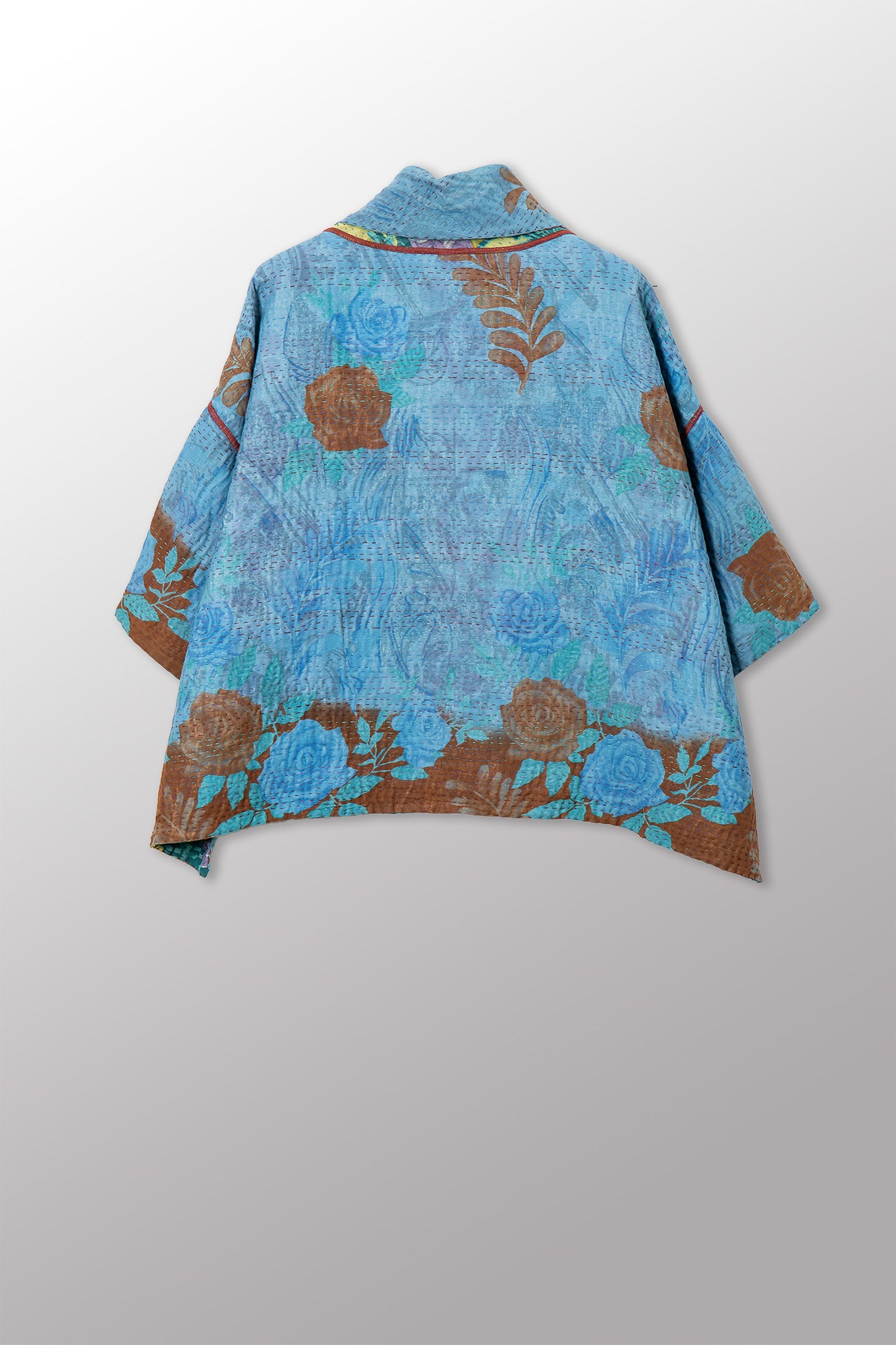 VINTAGE SILK GEORGETTE COTTON KANTHA COWL NECK PONCHO - gc4061-0001a -
