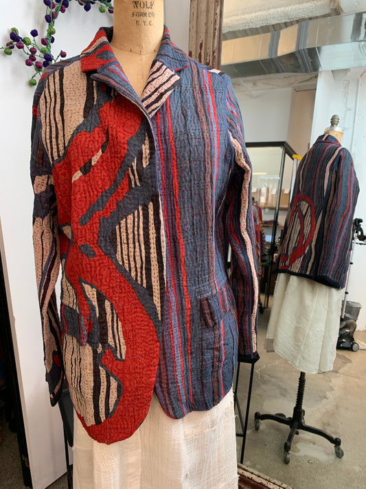 STRIPE AND BENDS KANTHA BASIC JACKET - sb4052-red -