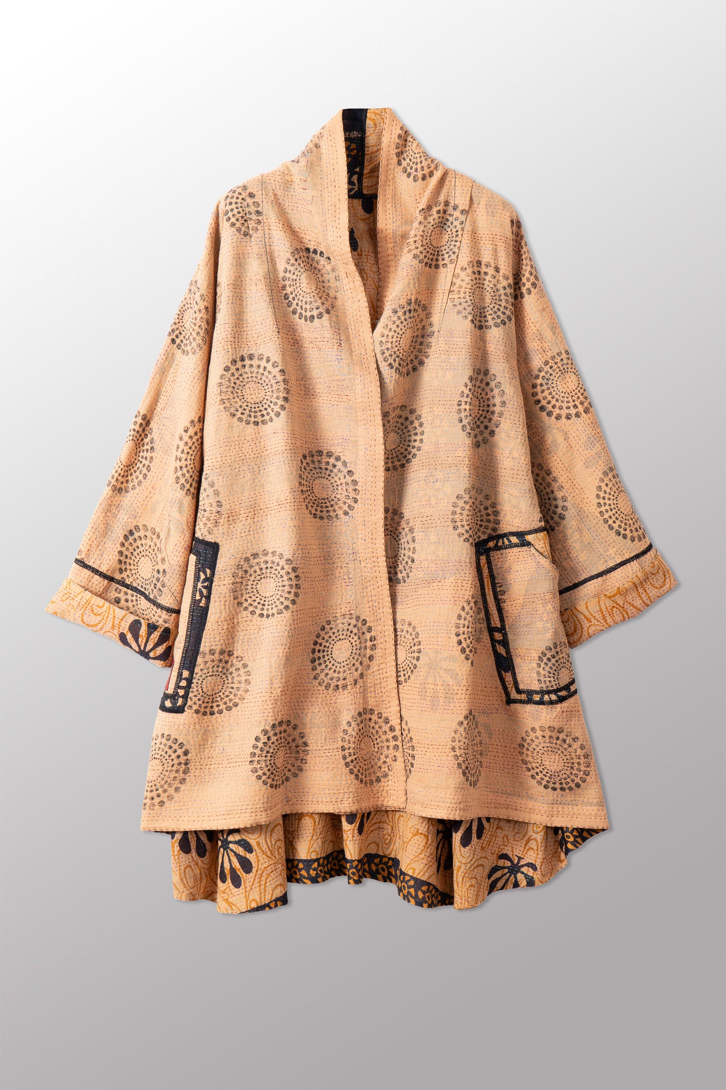 VINTAGE COTTON & NEW VOILE KANTHA KIMONO LONG JACKET - cn2005-0001a -