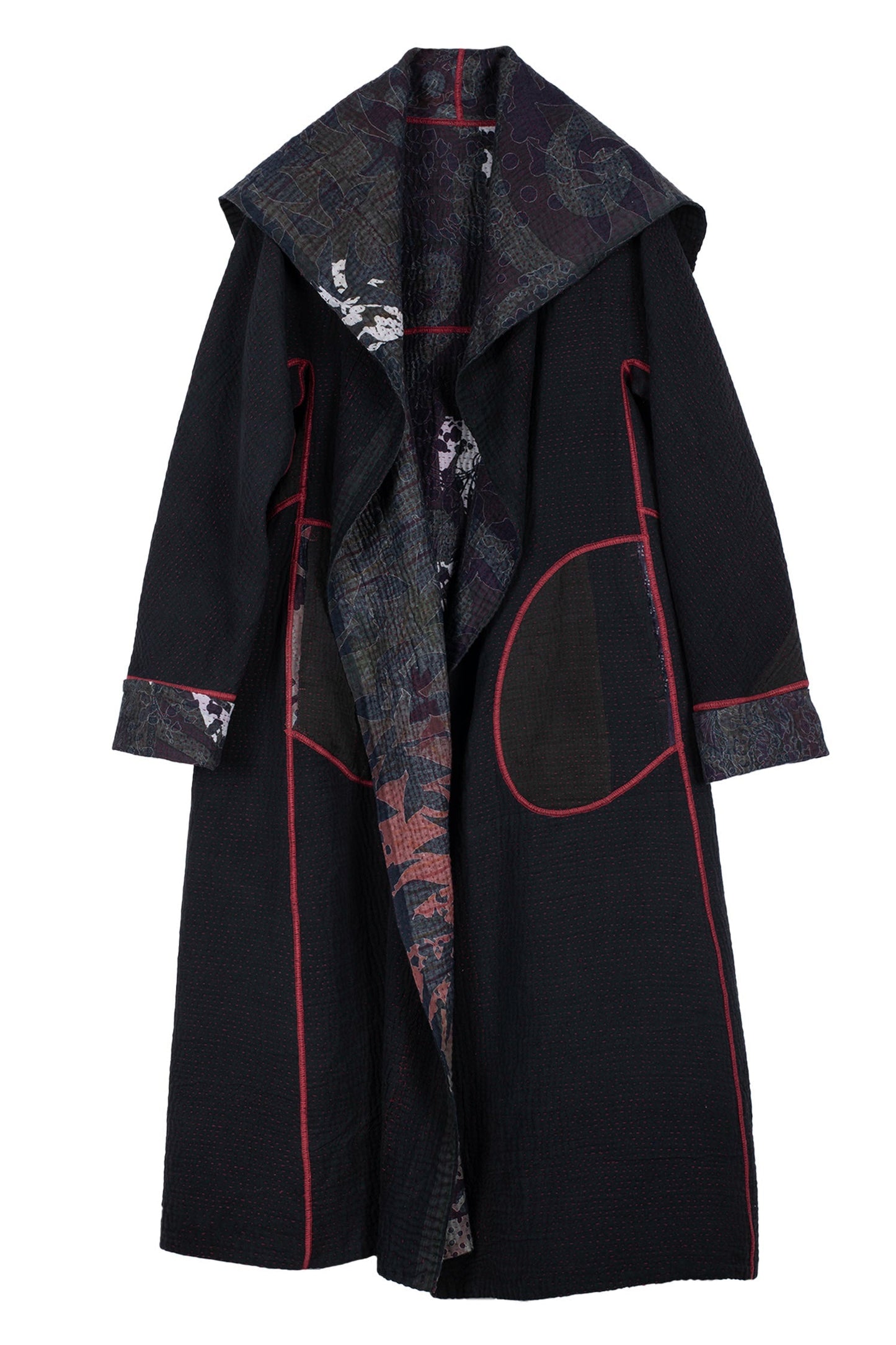 MONOTONE TWILIGHT PRINT KANTHA A-LINE LONG COAT - tp4302-red -