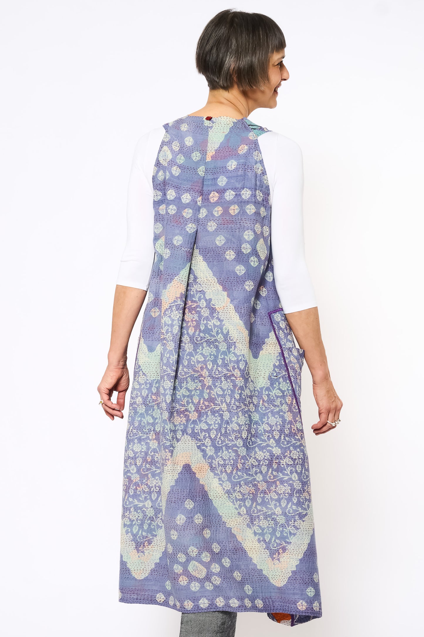 VINTAGE COTTON KANTHA BACK PLEATED VEST MAXI - cv2222-0008a -