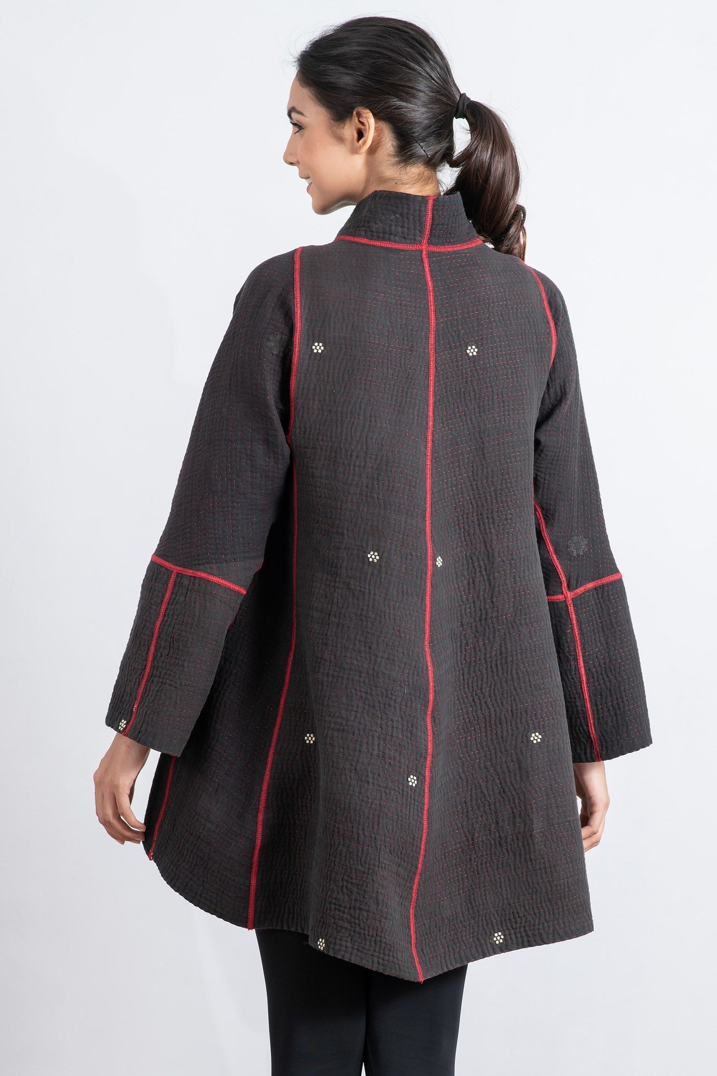 MONOTONE TWILIGHT PRINT KANTHA FLARE LONG JKT - tp4021-red -