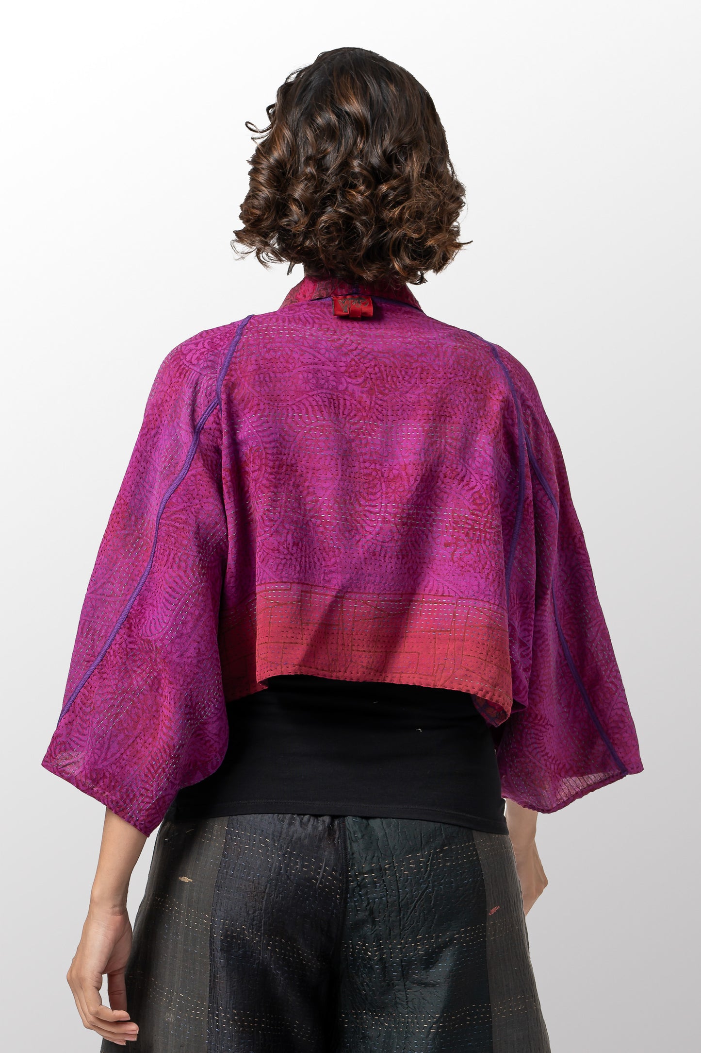 VINTAGE SILK GEORGETTE COTTON KANTHA PUFF SLV. SHRUG - gc2062-0002a -