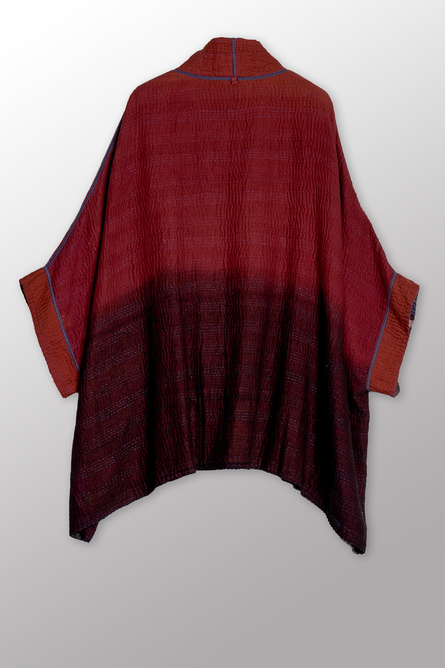 STRIPE AND BENDS KANTHA DOUBLE COLLAR PONCHO - sb4323-red -