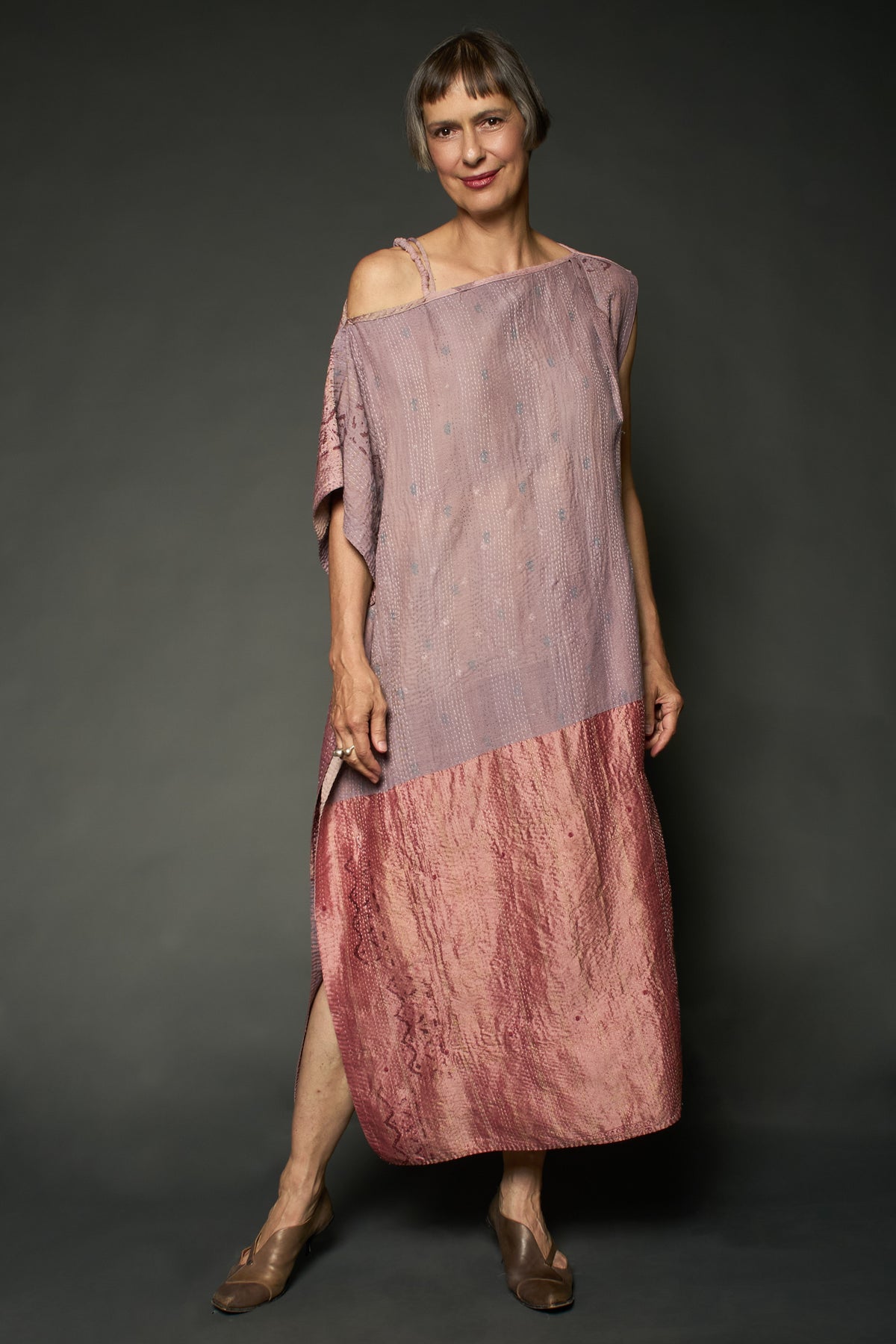HALF SILK PATCH KANTHA ASYMMETRIC TUBE DRESS - hs2472-mov -