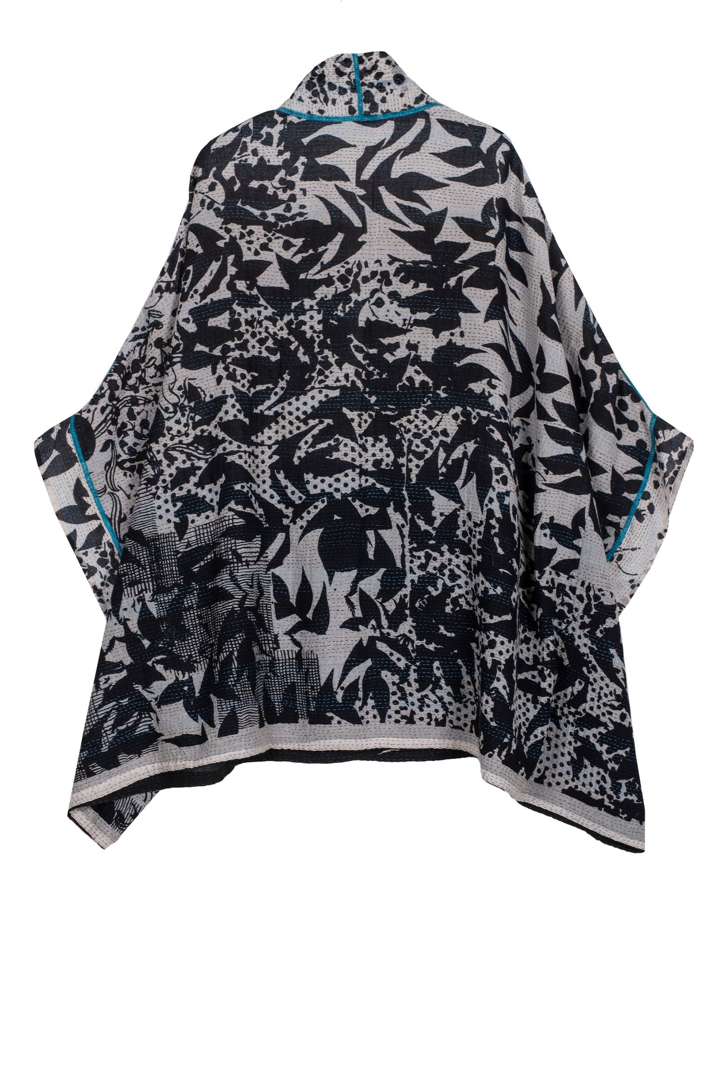 MONOTONE TWILIGHT PRINT KANTHA DOUBLE COLLAR PONCHO - tp2323-wht -