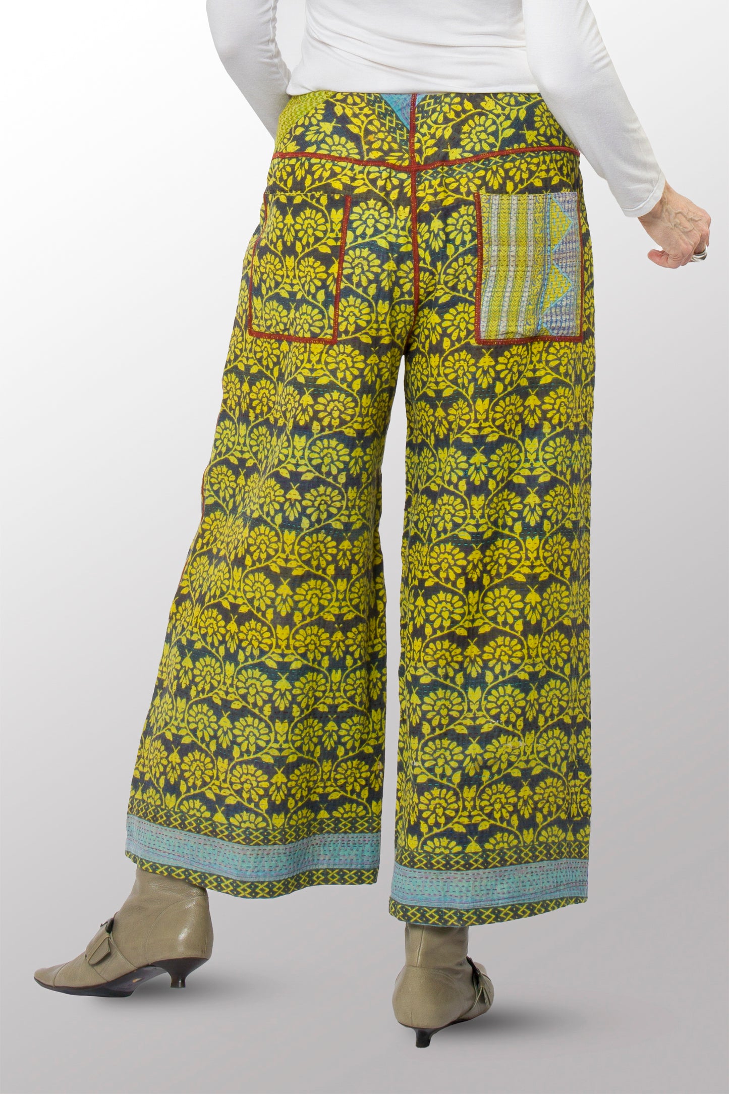 VINTAGE COTTON KANTHA MID RISE WIDE LEG PANTS - cv2665-0003m -