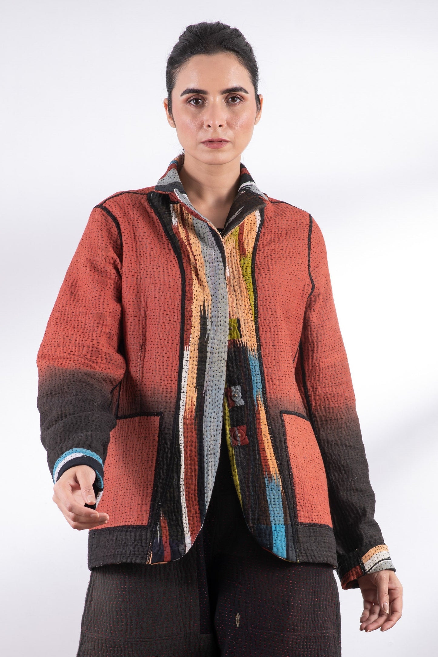 IKAT STRIPE KANTHA BASIC JACKET - is4052-red -