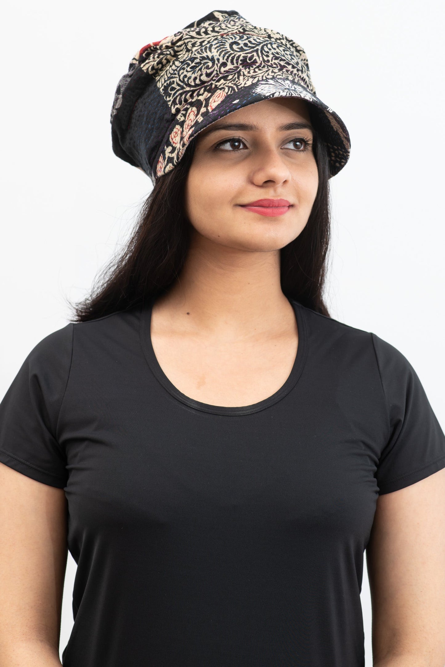 PATCHED PRINT KANTHA HALF BRIM HAT - pp2881-blk -