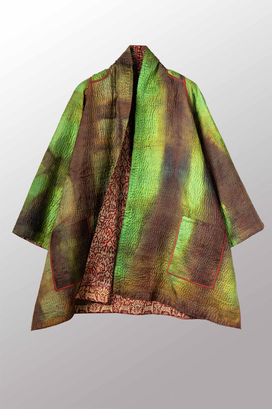 VINTAGE JACQUARD CLAMP DYE WITH PRINTED SILK KANTHA A-LINE JACKET - jk4003-0002a -