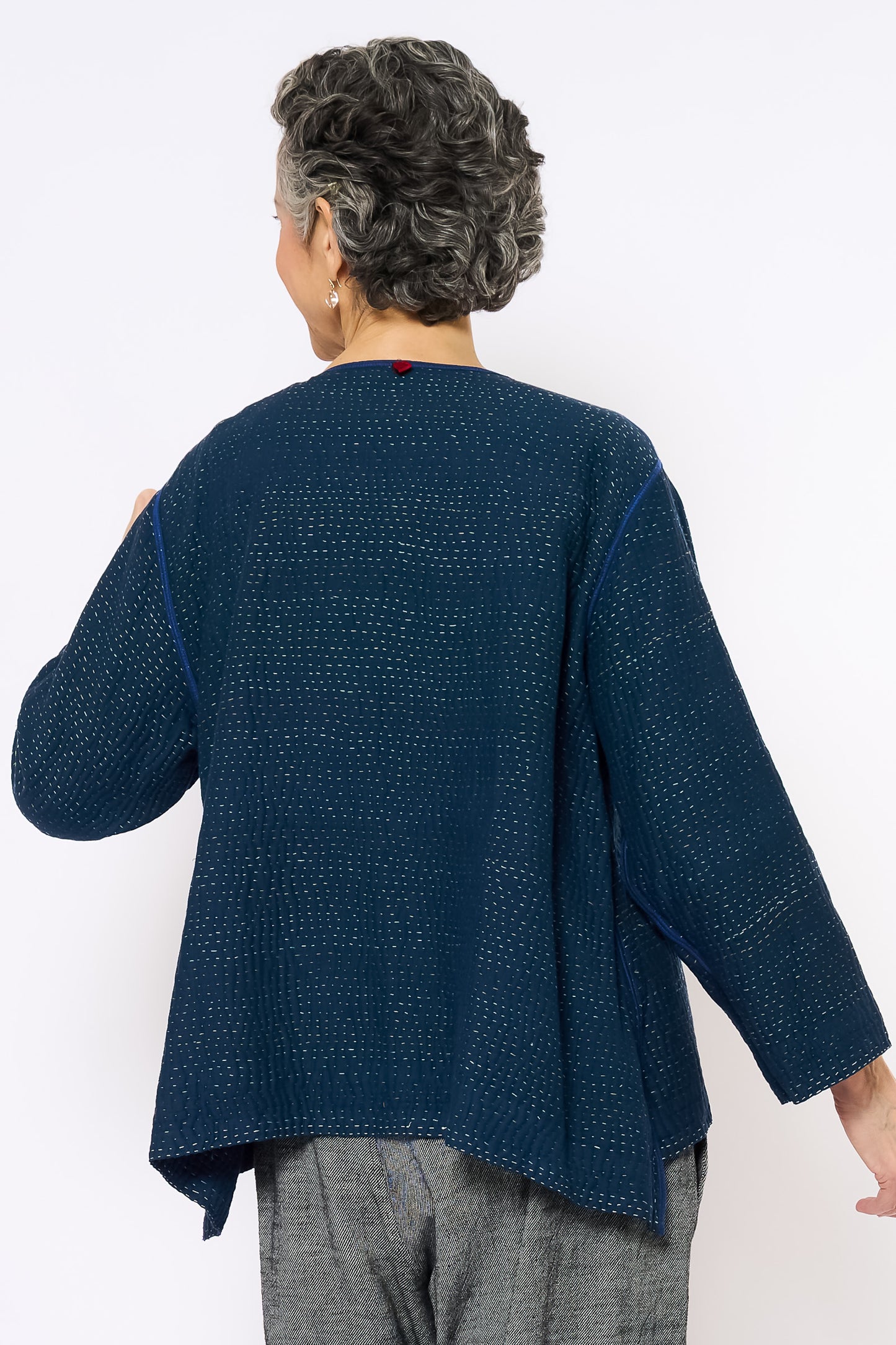 FRAYED PATCH KANTHA A-LINE SHORT JACKET - fi4019-nvy -