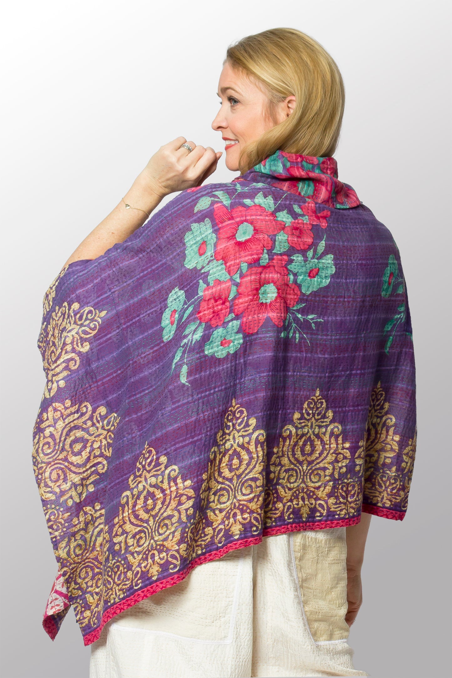 VINTAGE COTTON KANTHA COWL NECK LONG CAPE