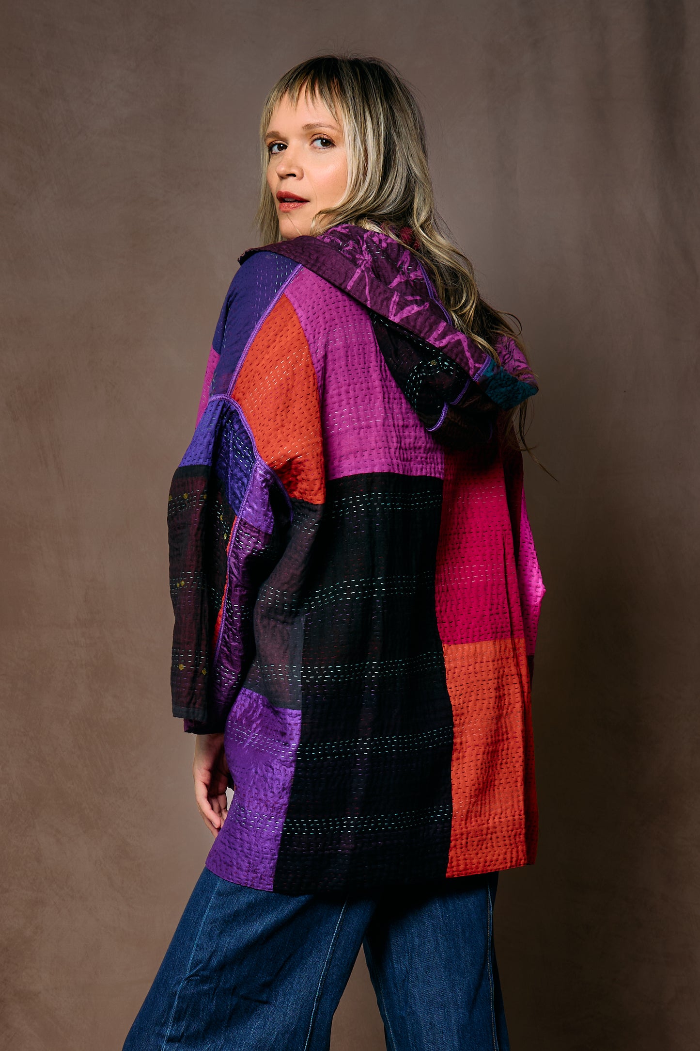 NIGHT FLOWERS KANTHA HOODIE PONCHO - nl4064-prp -