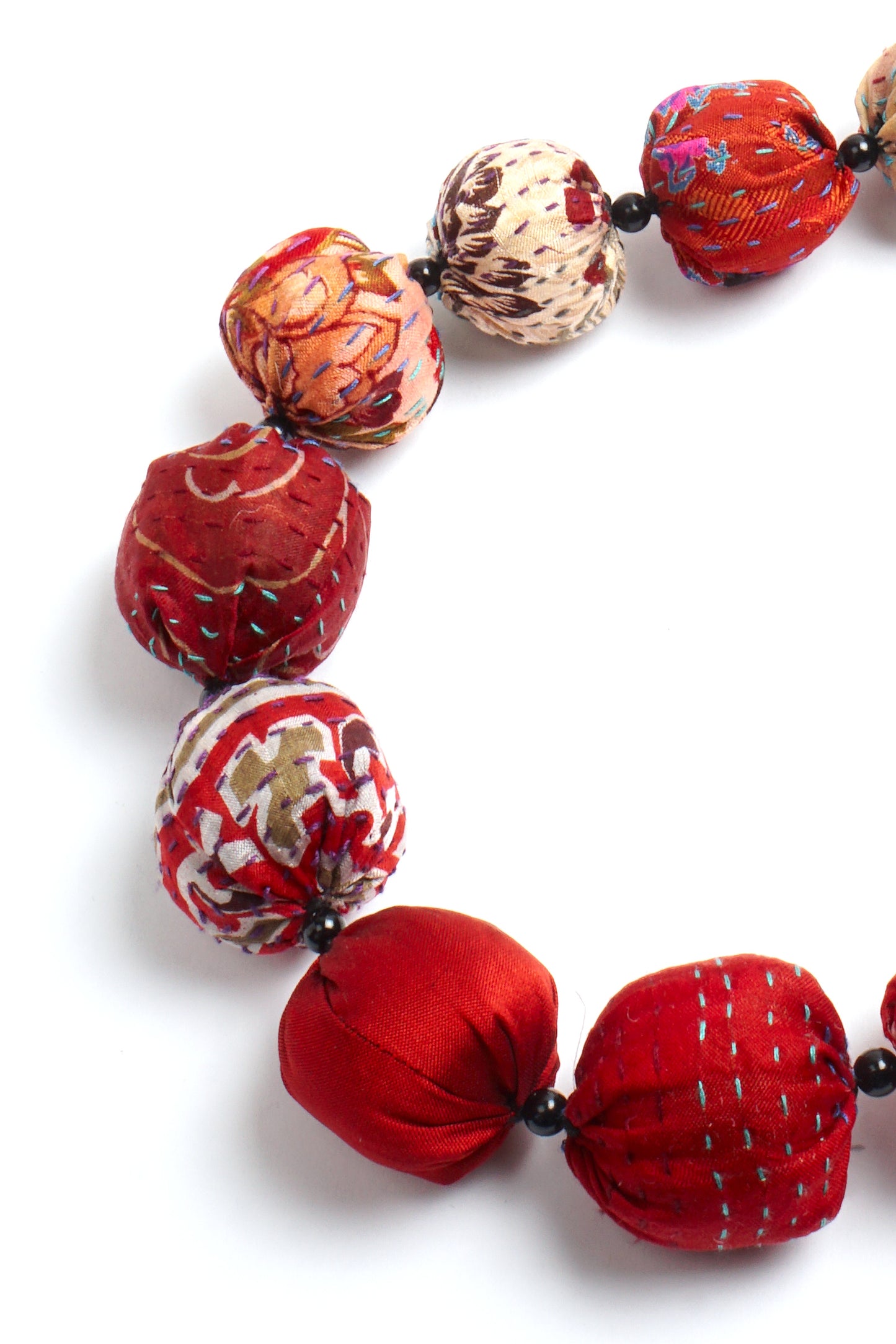 VINTAGE SILK KANTHA NUTS LONG NECKLACE - sv2702-red -