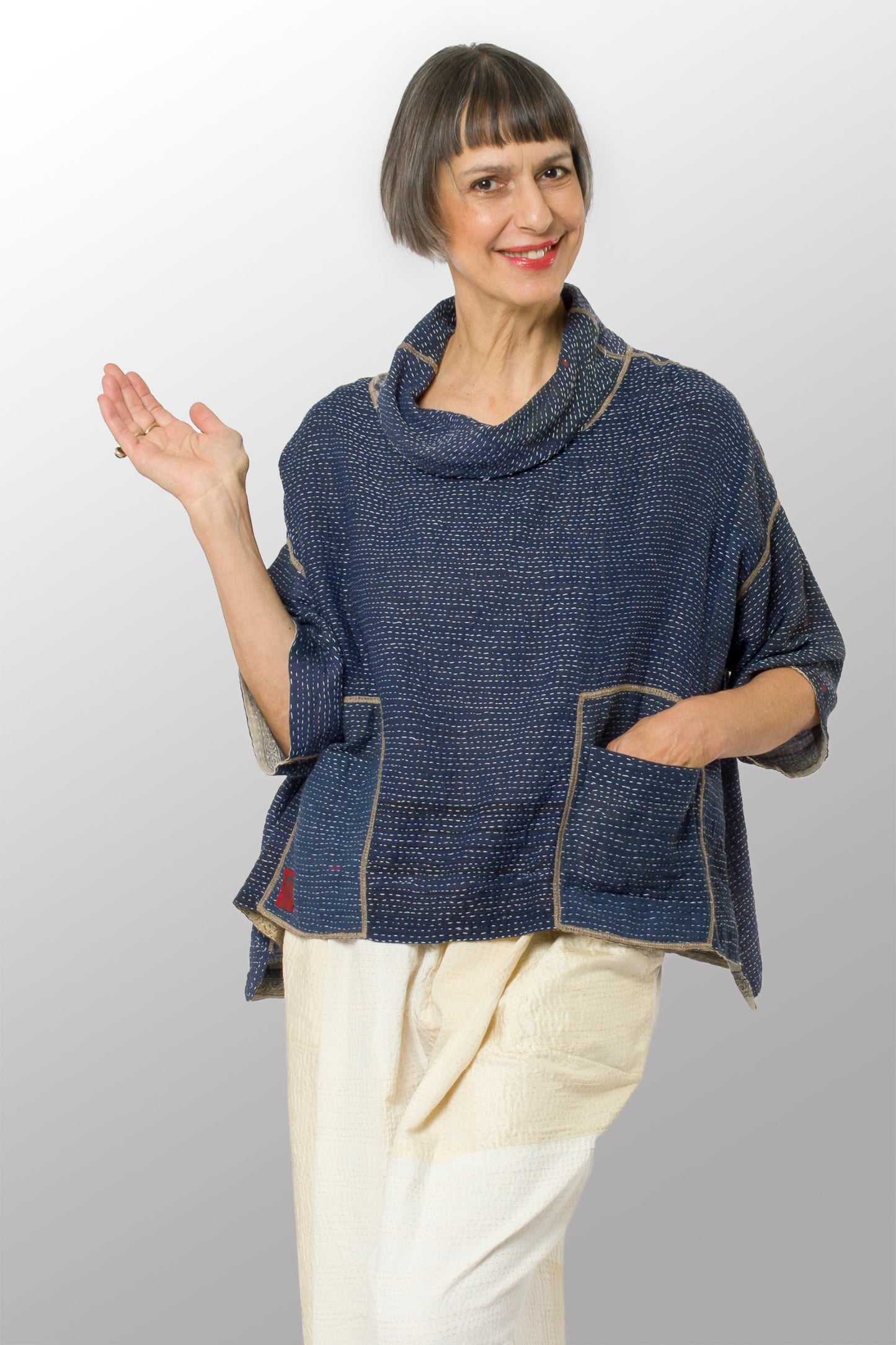 INDONESIAN PRINT VINTAGE INDIGO BACKING KANTHA COWL NECK PONCHO - bi2061-blu -