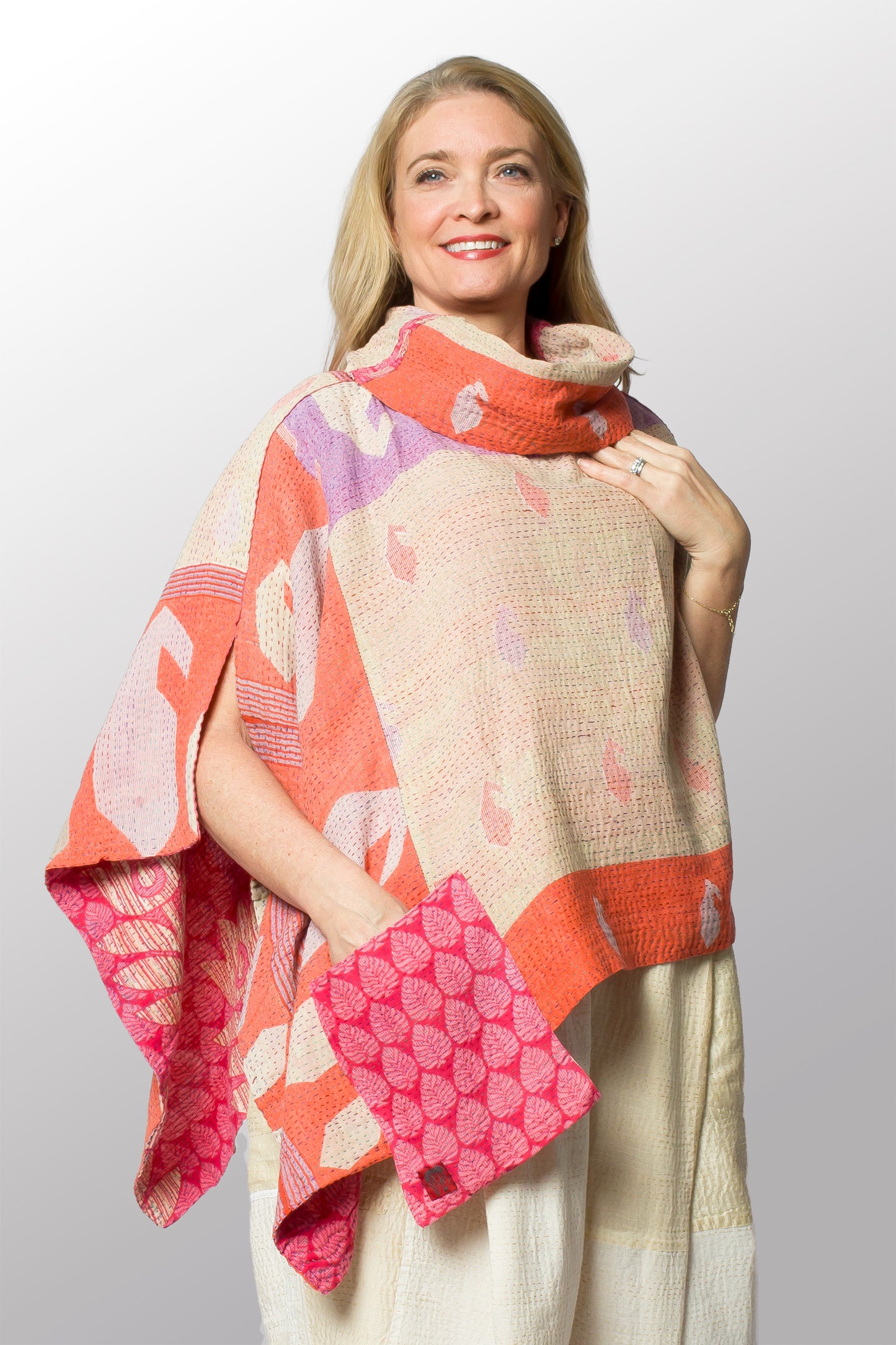 VINTAGE COTTON KANTHA COWL NECK LONG CAPE