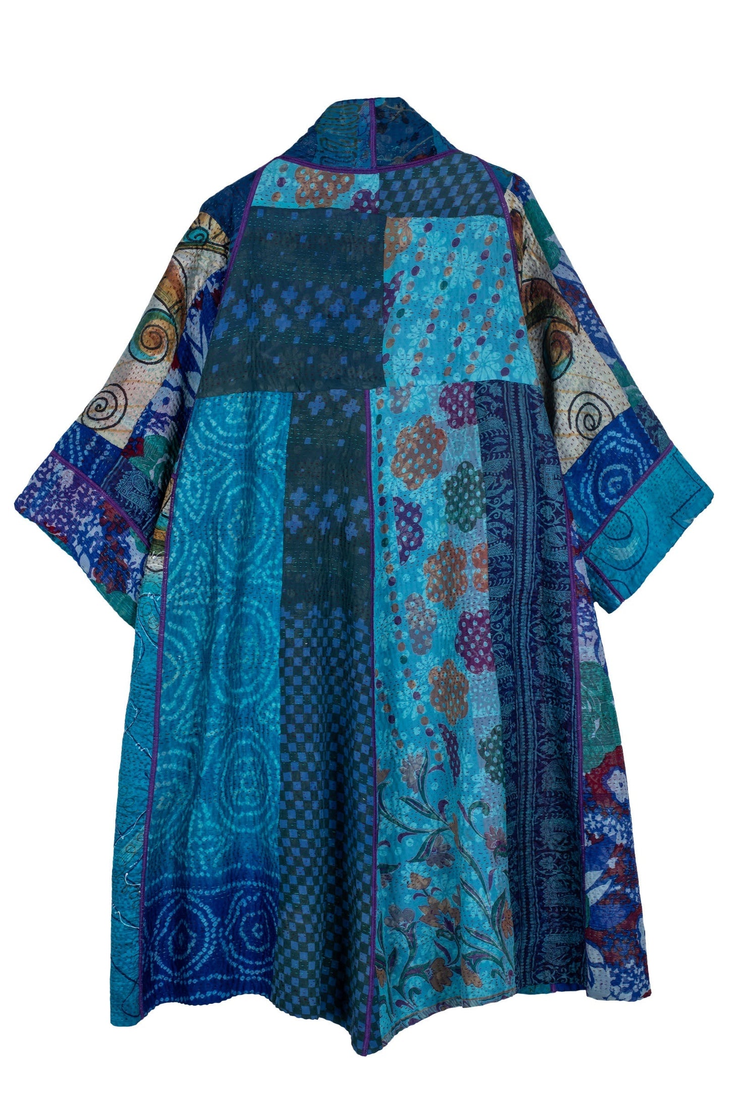 JACQUARD SILK KANTHA 3/4 SLV. A-LINE DUSTER - js4324-blu -