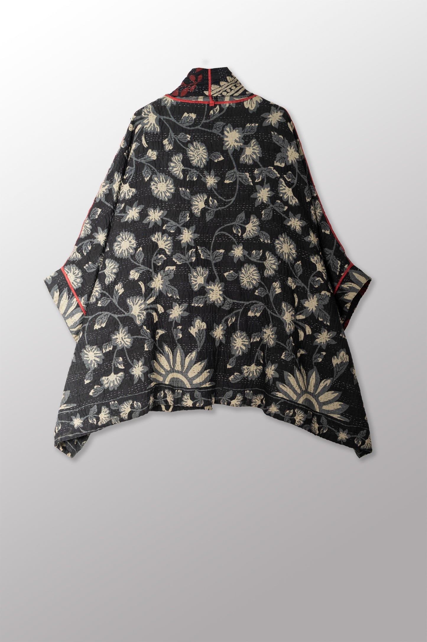 BLACK AND WHITE PRINT PATCH KANTHA DOUBLE COLLAR PONCHO - pn4323-blk -