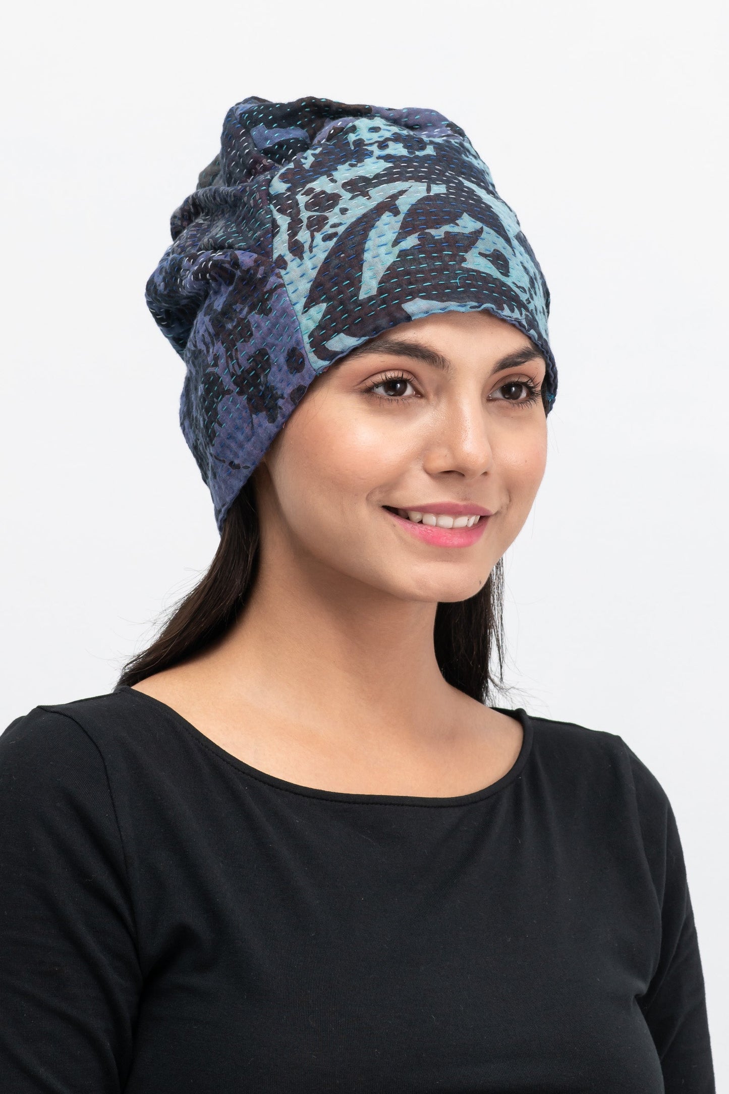 MONOTONE TWILIGHT PRINT KANTHA PATCHWORK HAT - tp4880-blu -