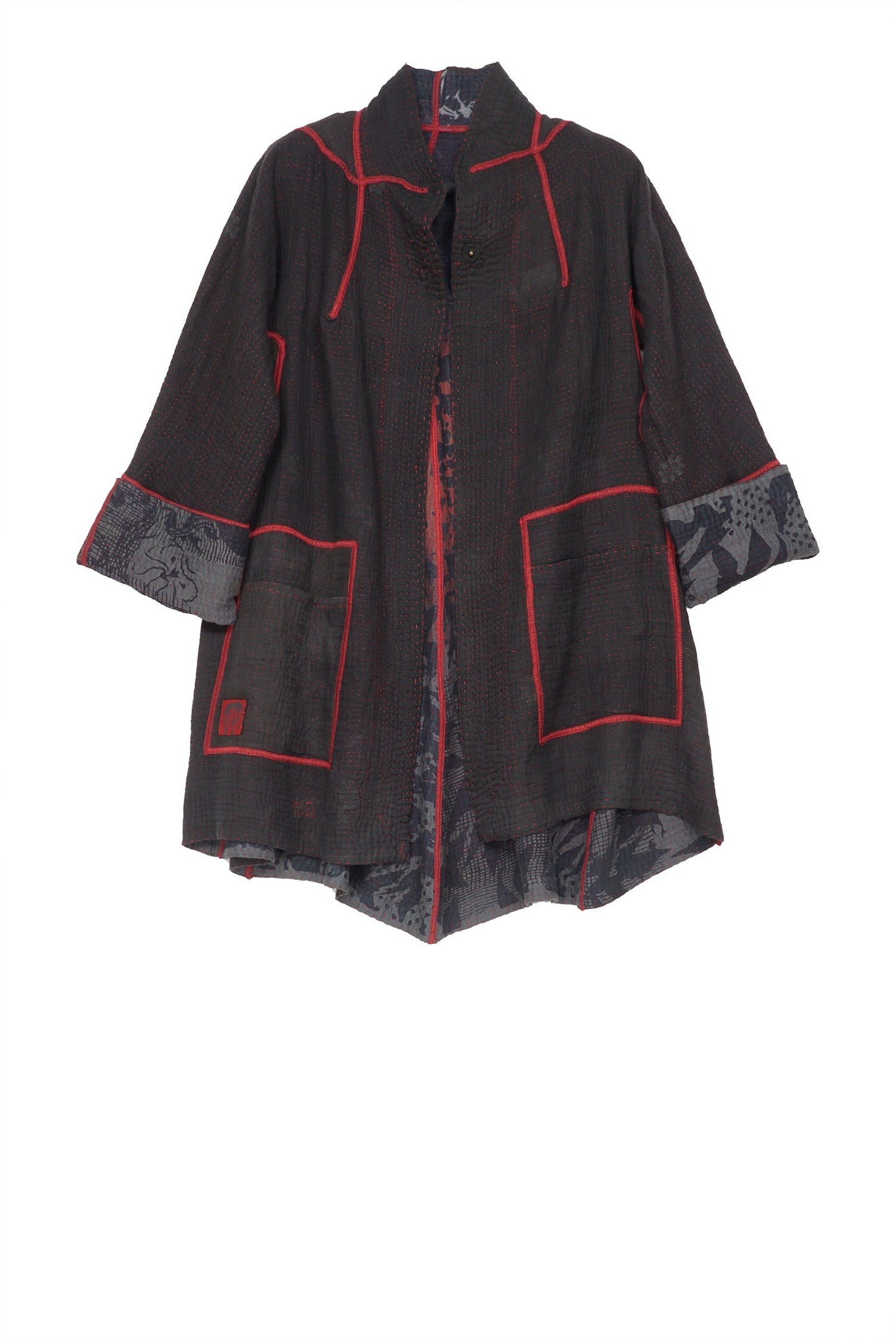 MONOTONE TWILIGHT PRINT KANTHA FLARE LONG JKT - tp4021-red -