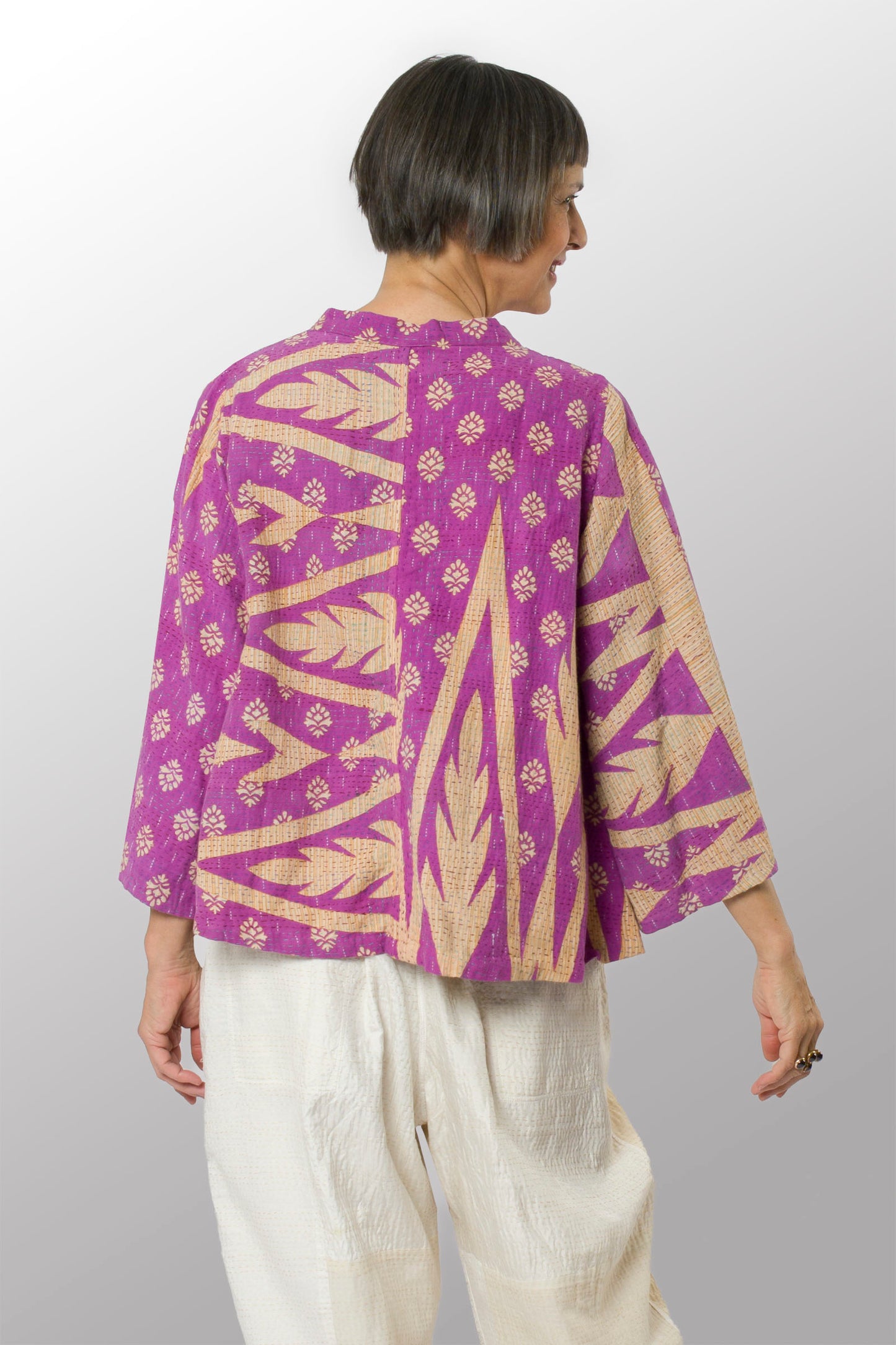 VINTAGE COTTON KANTHA V-NECK FLARE TOP - cv2567-0001m -