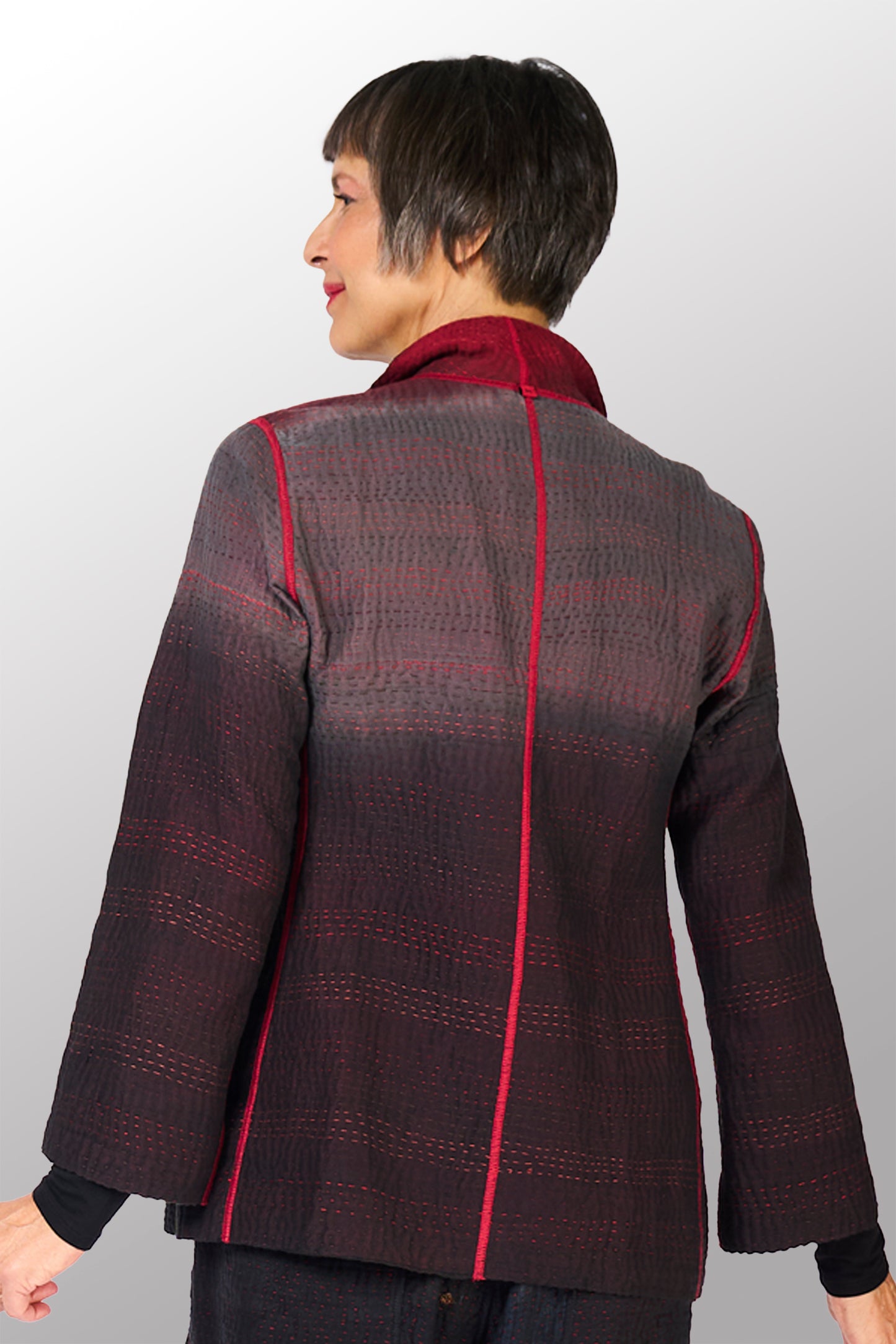 BIG PRINTED PATCH WITH OMBRE BACKING KANTHA SHORT JACKET - px4007-red -