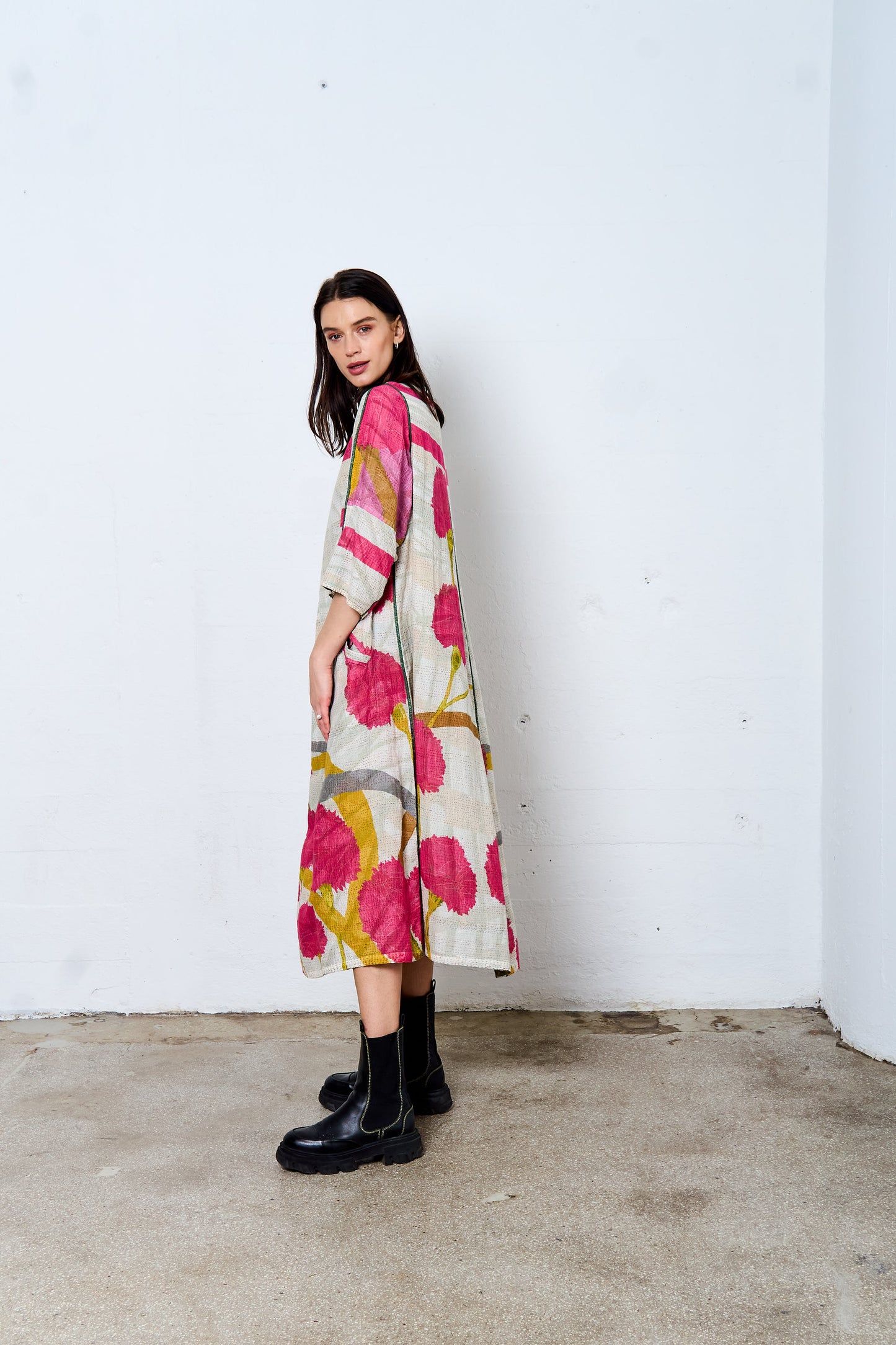 MARIGOLD PRINT KANTHA WING COLLAR DRESS - mg2454-pik -