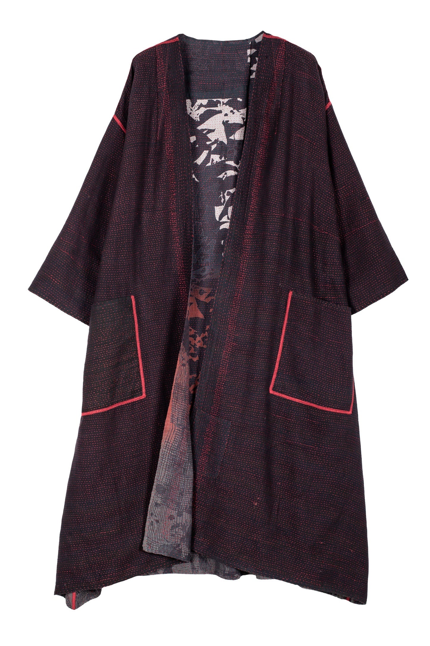 MONOTONE TWILIGHT PRINT KANTHA LONG DUSTER - tp2328-red -