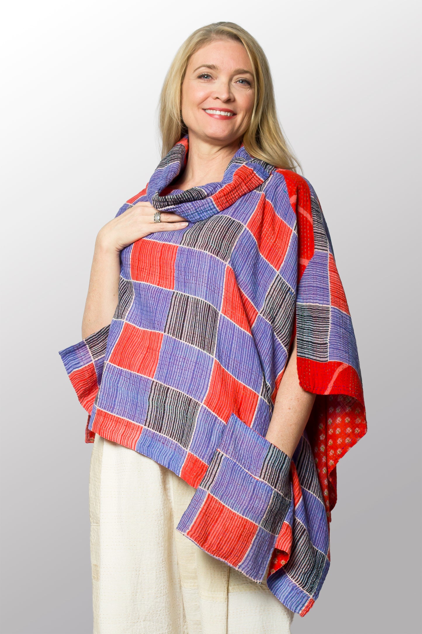 VINTAGE COTTON KANTHA COWL NECK LONG CAPE