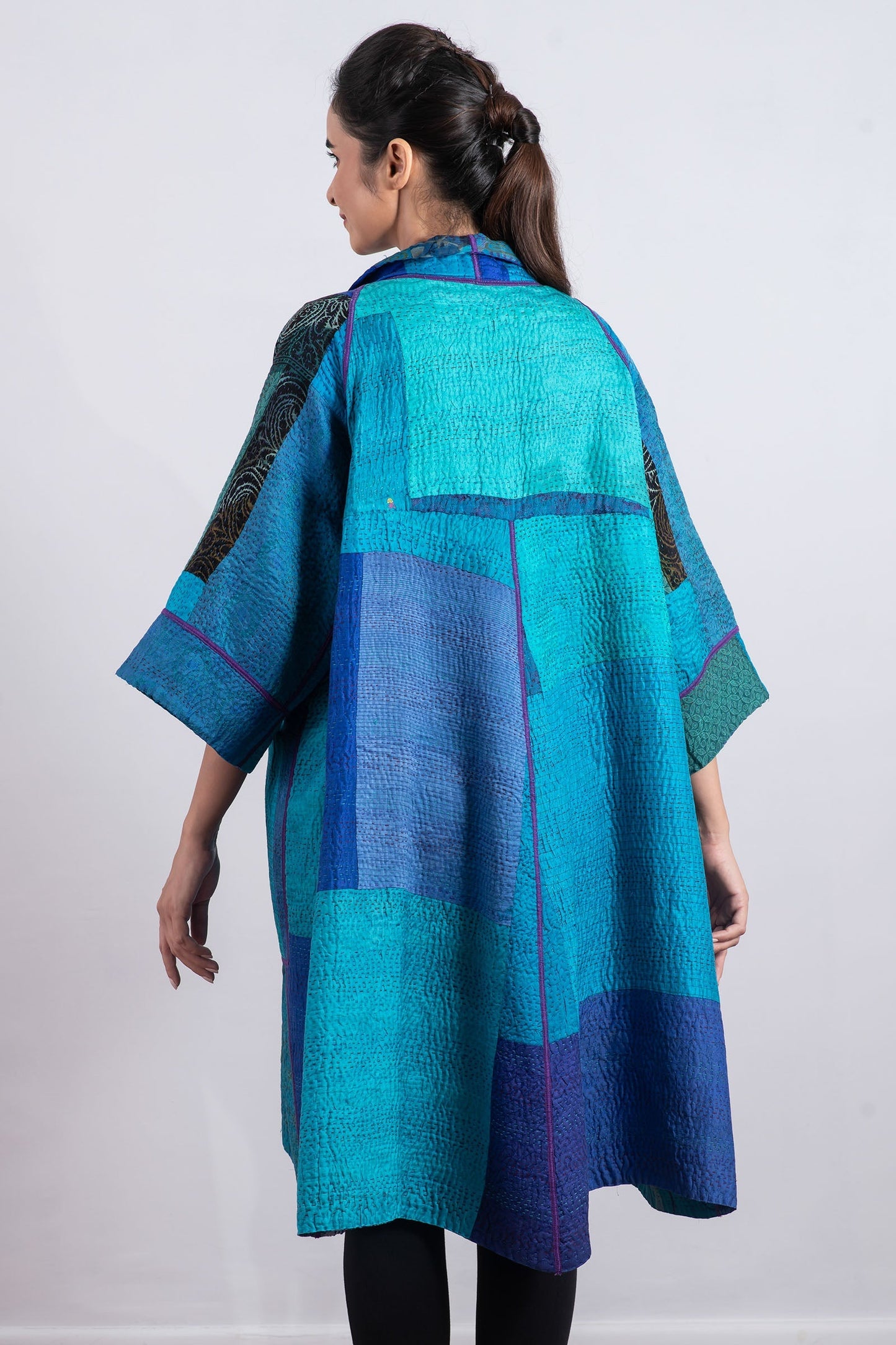 JACQUARD SILK KANTHA 3/4 SLV. A-LINE DUSTER - js4324-blu -