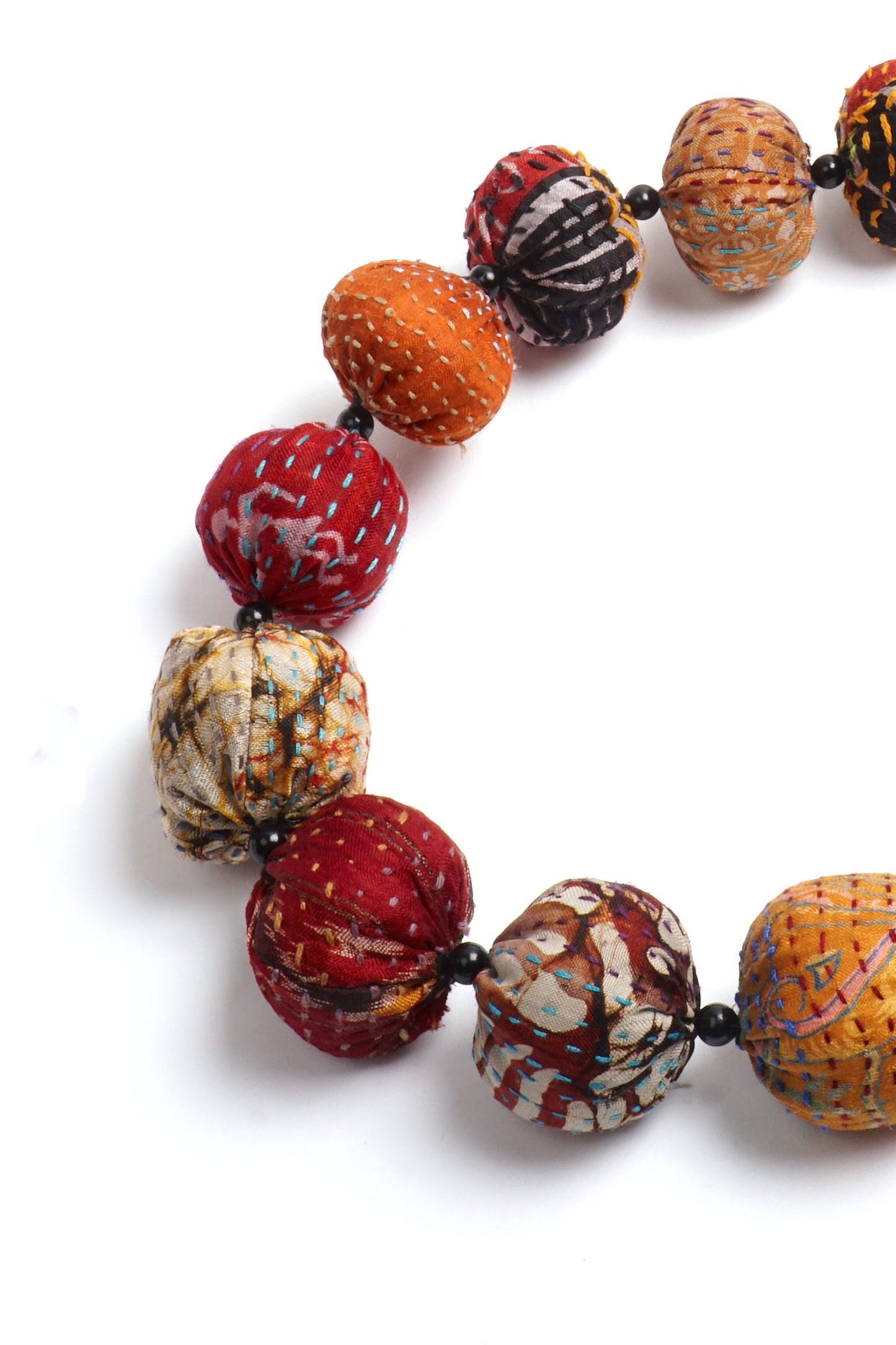 VINTAGE SILK KANTHA NUTS LONG NECKLACE - sv2702-brn -