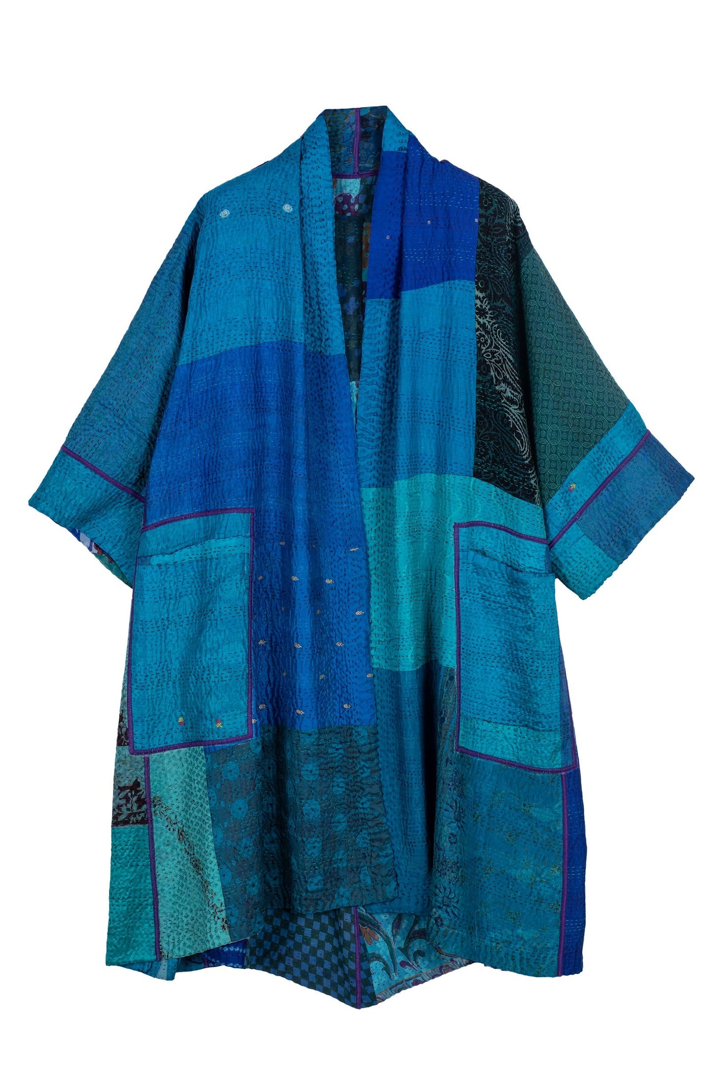 JACQUARD SILK KANTHA 3/4 SLV. A-LINE DUSTER - js4324-blu -