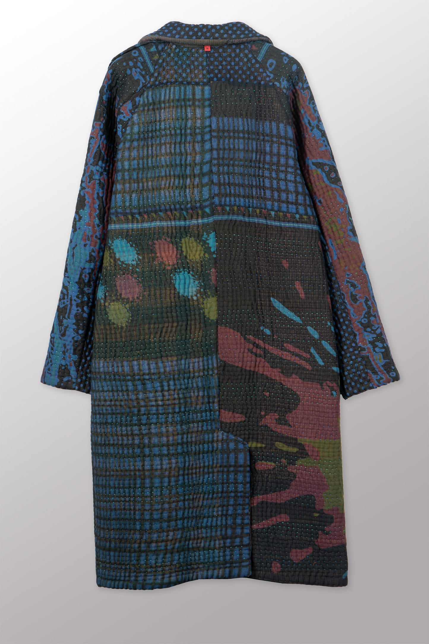 OQ5337-CBLU002M @QUILTED OVERDYE COTTON KANTHA RAGLAN SLEEVE COAT
