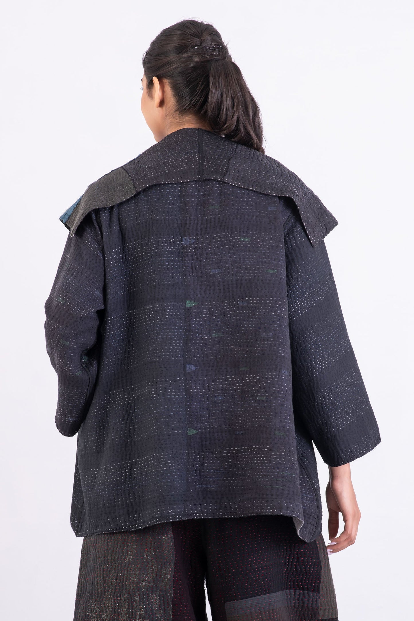 TWO TONE PATCH KANTHA FLARE JACKET - tn4010-blk -