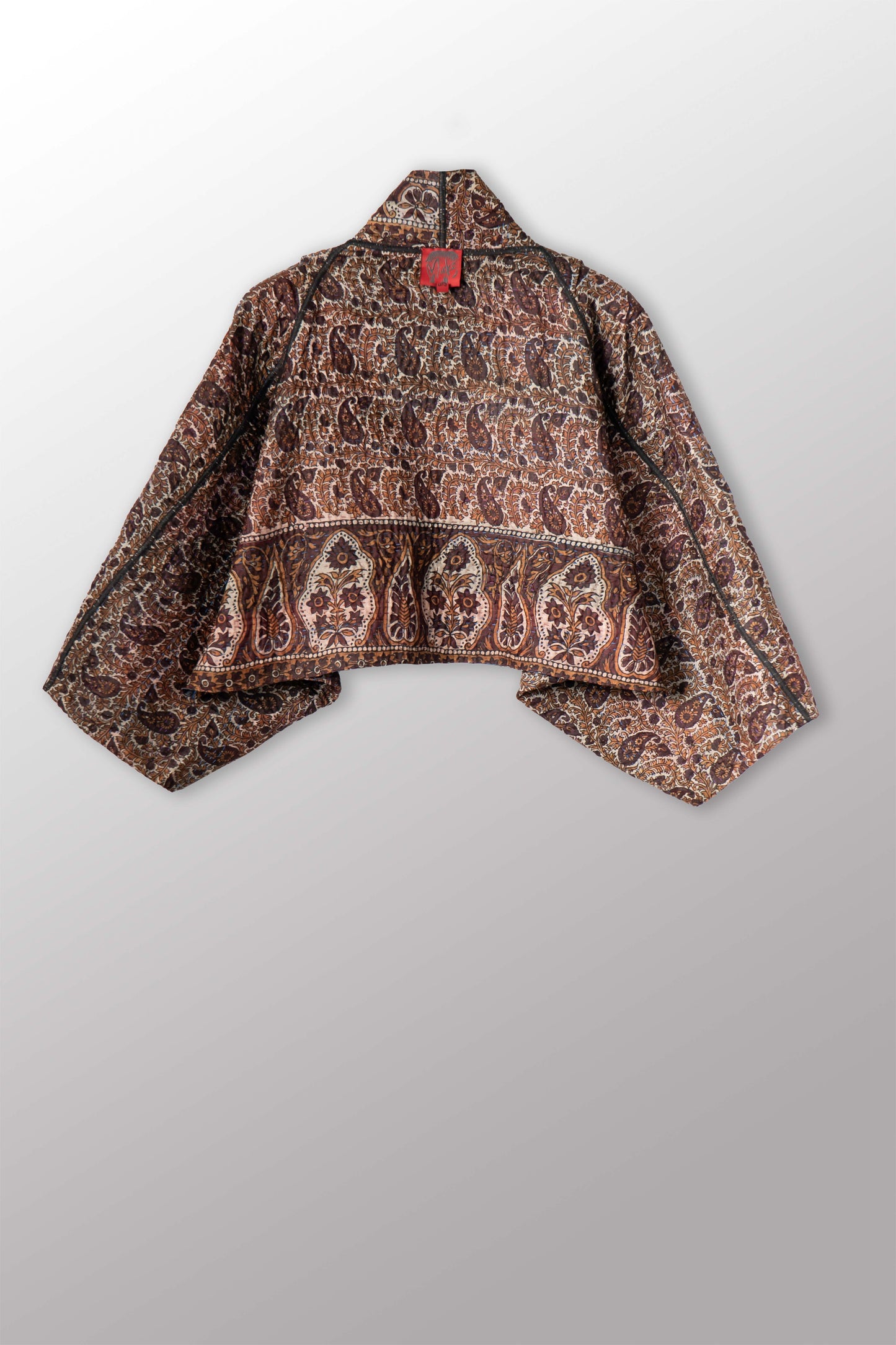 VINTAGE JACQUARD CLAMP DYE WITH PRINTED SILK KANTHA PUFF SLV. SHRUG - jk4062-0002a -