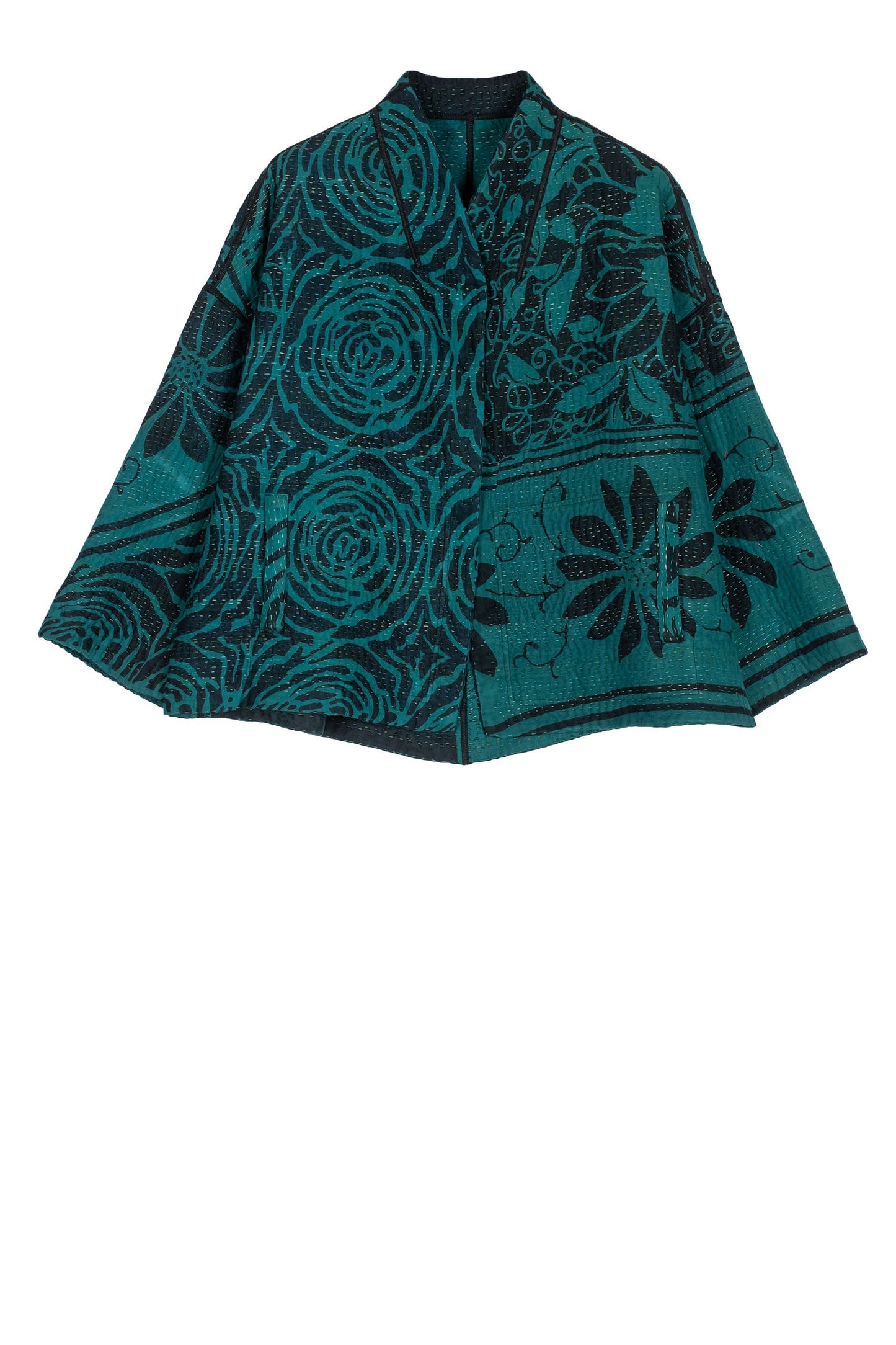 EMERALD GREEN KANTHA STAND COLLAR CROPPED JACKET - eg4034-tel -
