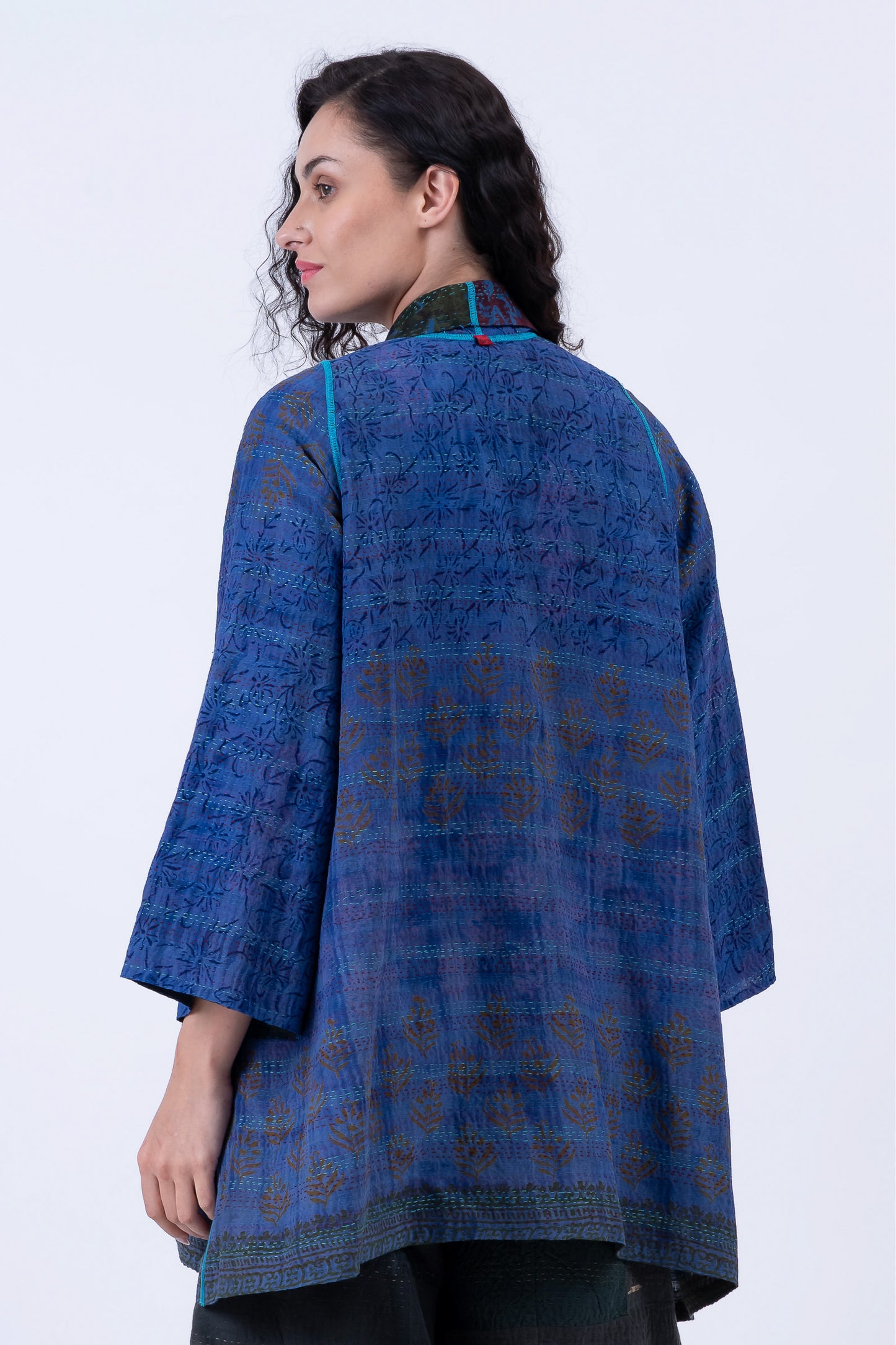 VINTAGE SILK GEORGETTE COTTON KANTHA A-LINE JKT - gc2003-0040a -