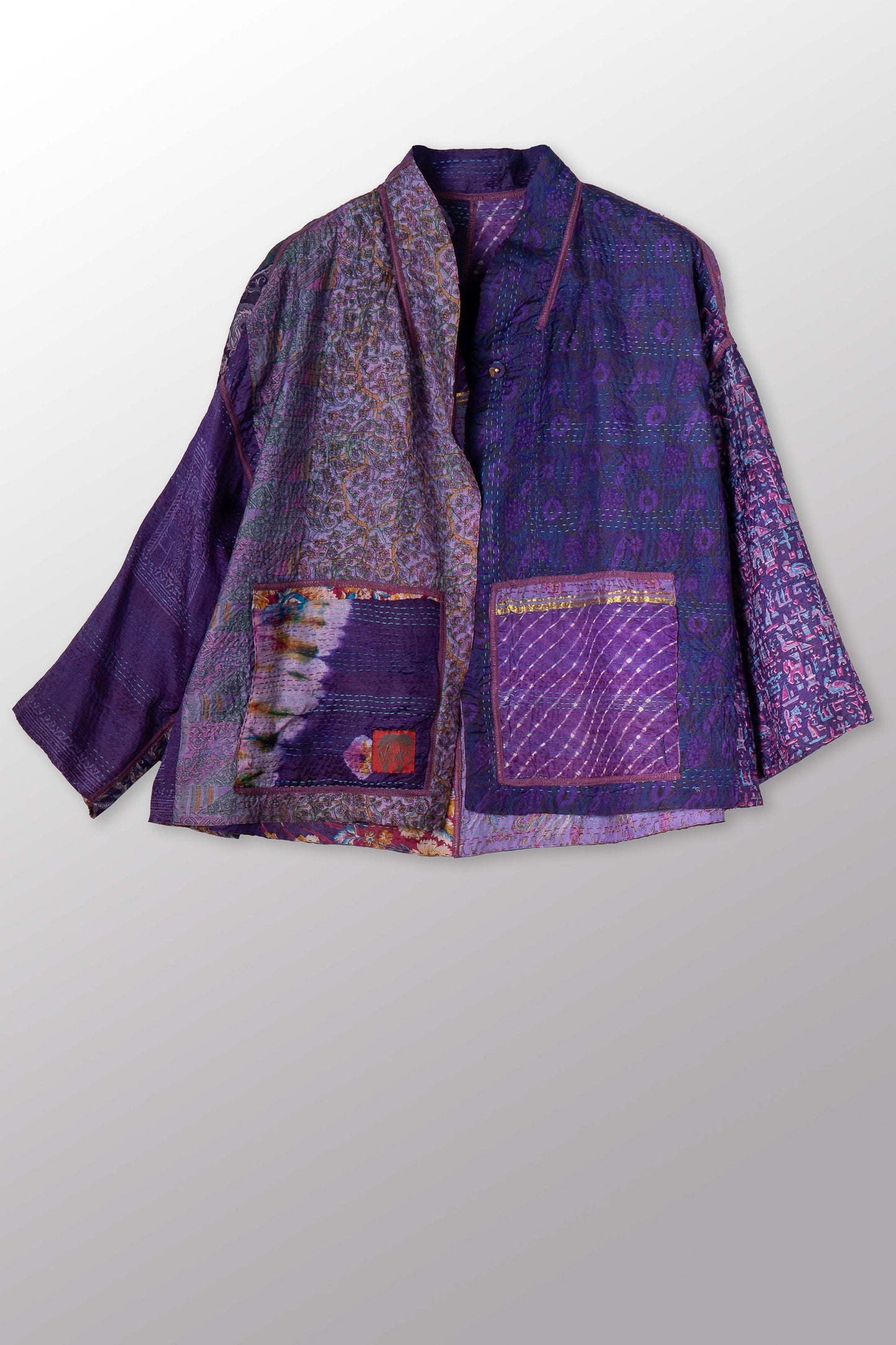 VINTAGE SILK KANTHA STAND COLLAR CROPPED JKT - sv2034-0015a -