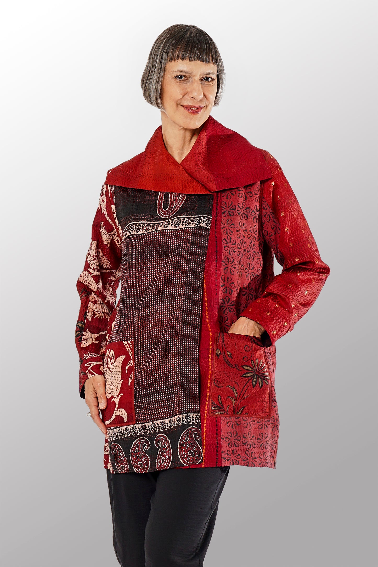 VINTAGE SILK PATCH KANTHA POCKET JKT - vp2002-red -