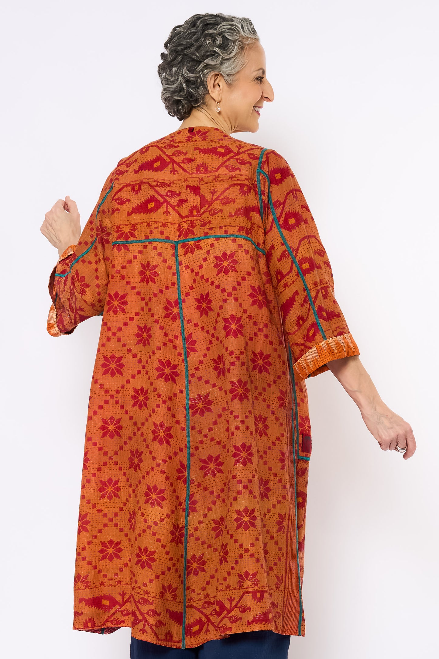 COTTON OVERDYE KANTHA WRAP FLARE COAT - ov2330-corg002a -