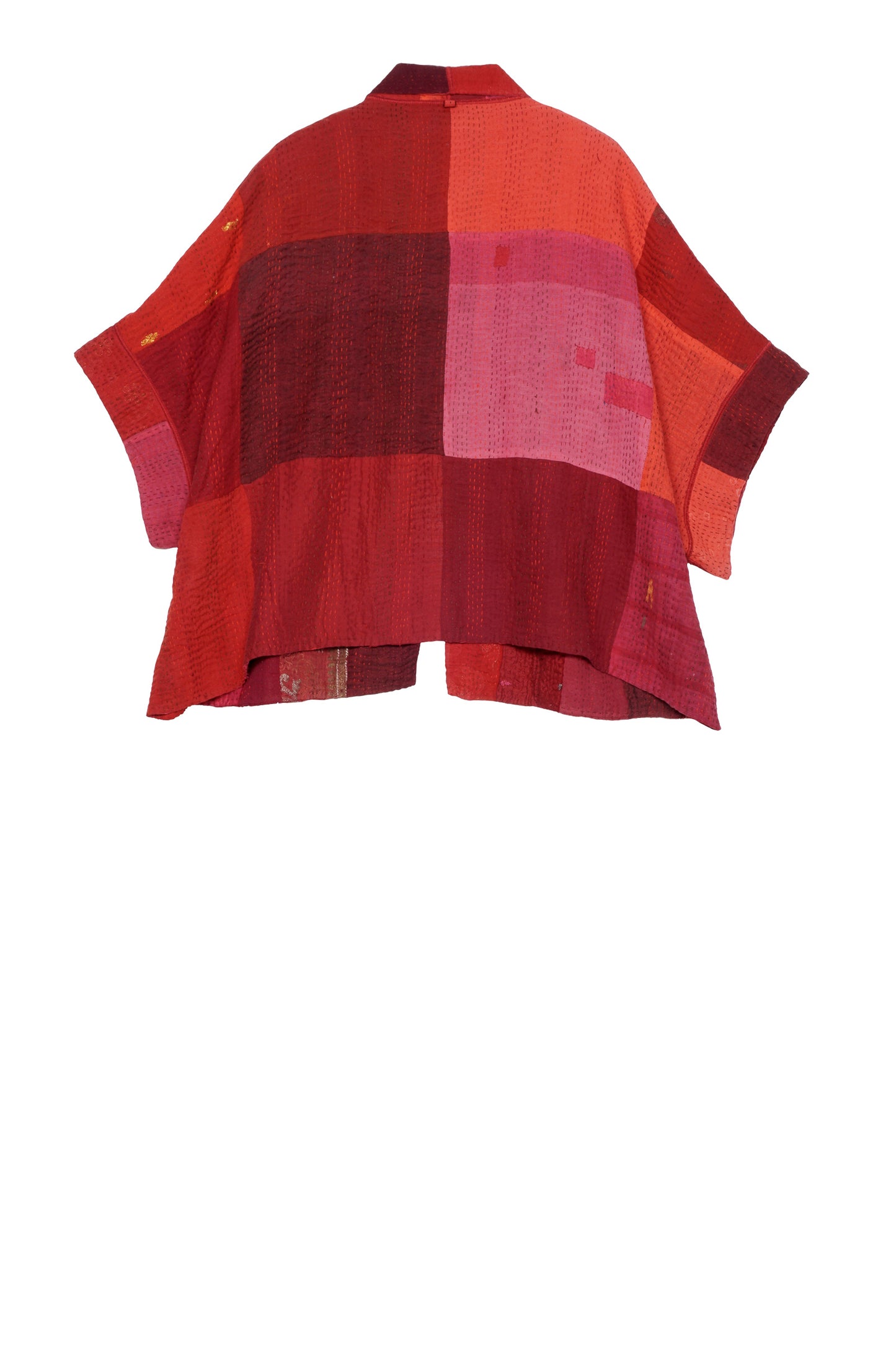 STRIPE AND CHECK COTTON SILK PATCH KANTHA MINI PONCHO - ss4060-red -