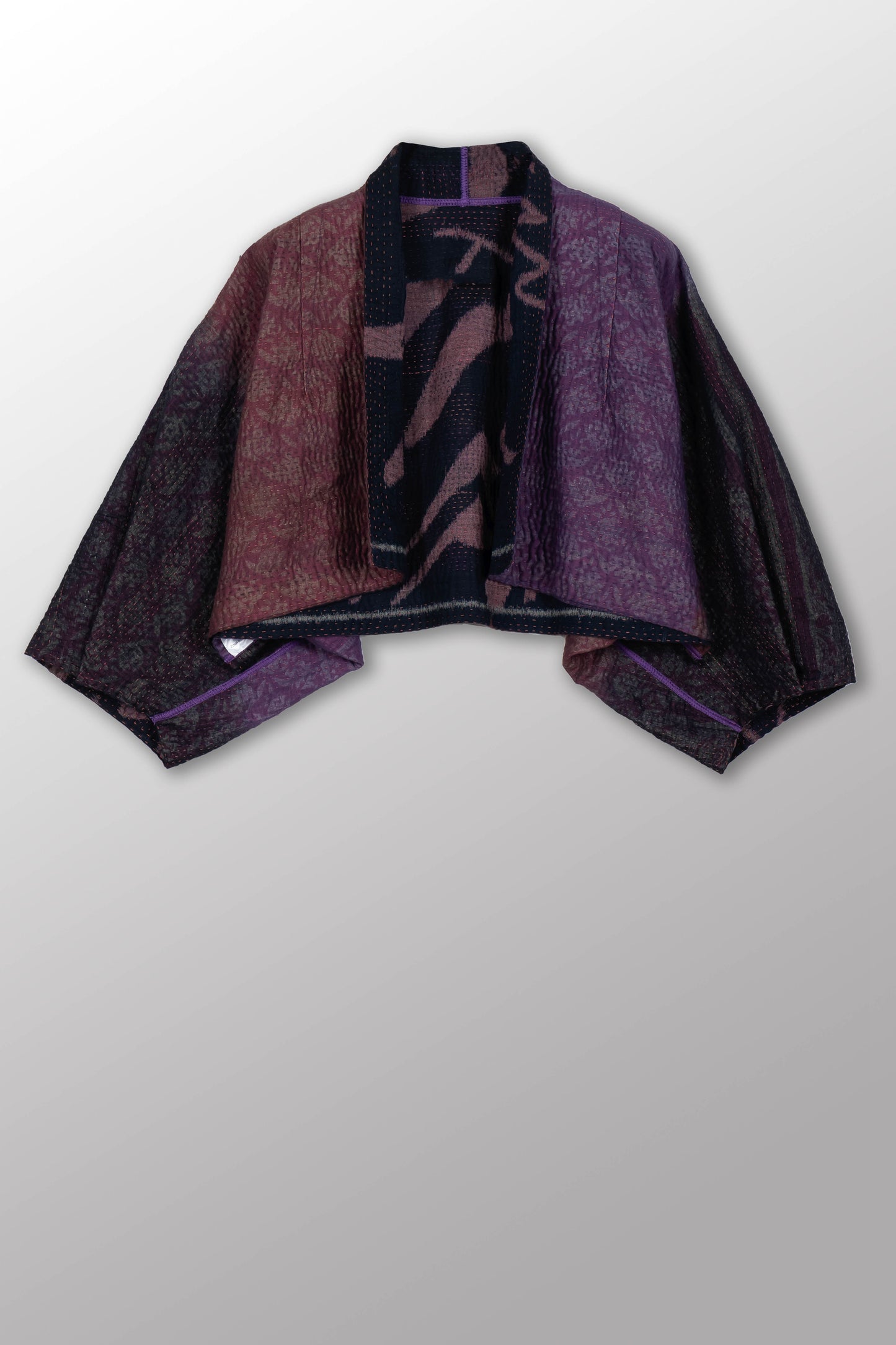 WOVEN HANDLOOM IKAT WITH OMBRE KANTHA PUFF SLV. SHRUG - wh4062-prp -