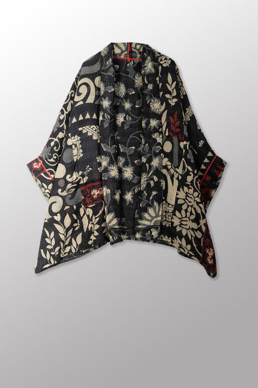 BLACK AND WHITE PRINT PATCH KANTHA DOUBLE COLLAR PONCHO - pn4323-blk -